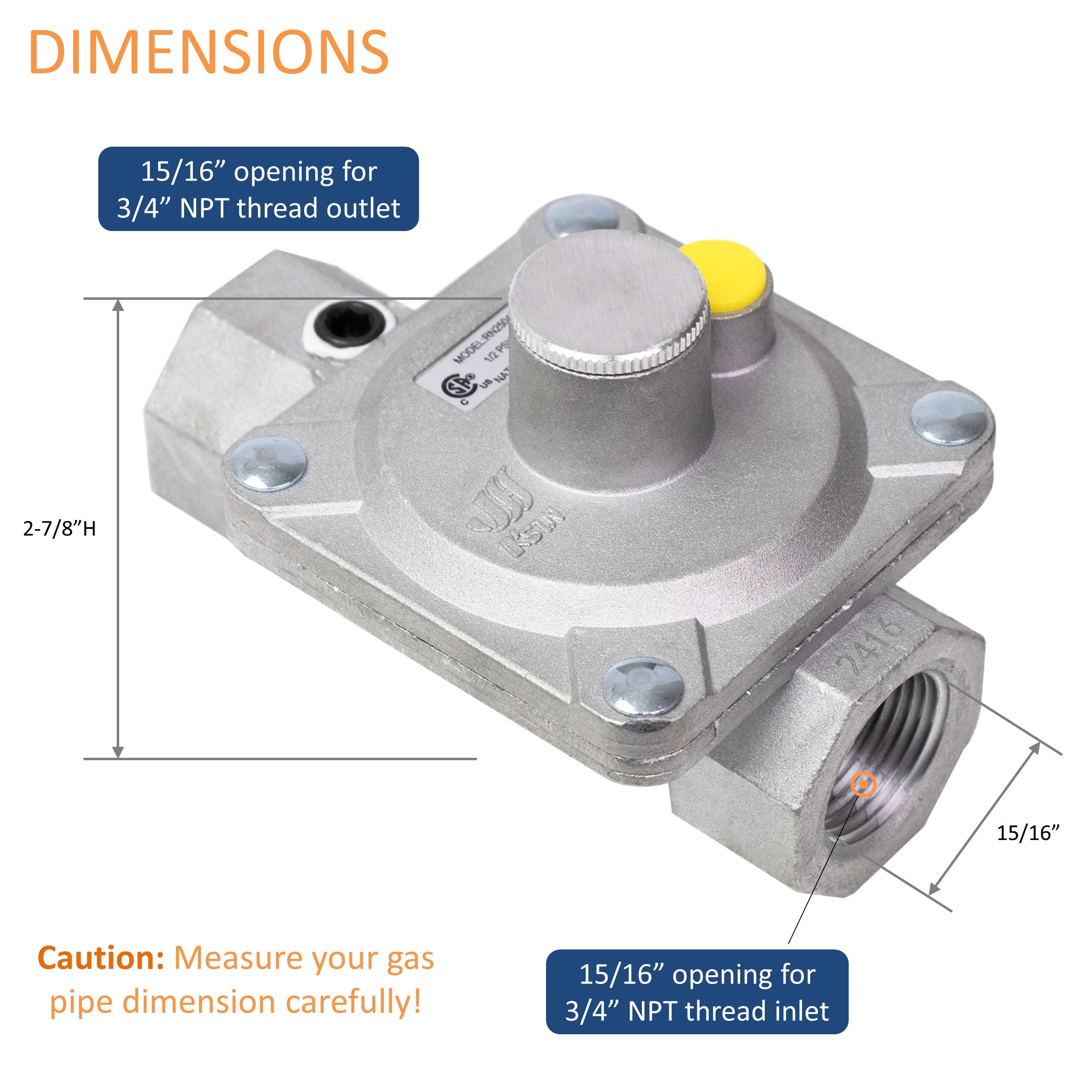 JH KSUN RN2504C Gas Regulator 1/2 PSIG 3/4" NPT Natural Gas and Liquid Propane NAT 5" - LPG 10" WC