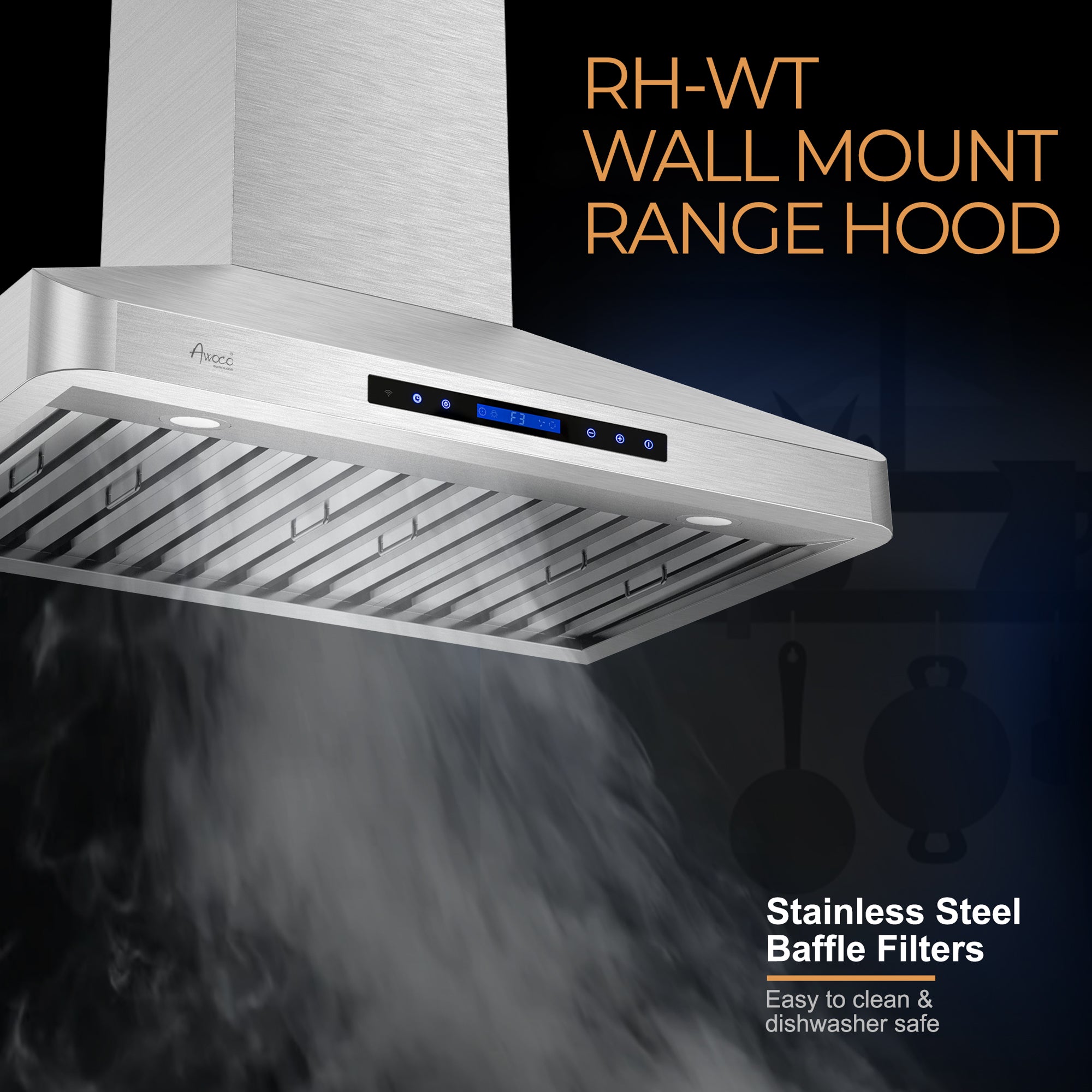 [Like New] Awoco RH-WT-30 30"H Stainless Steel Range Hood 4 Speeds, 6” Round Top Vent 900CFM 2 LED Lights & Remote Control (30” Wall Mount)