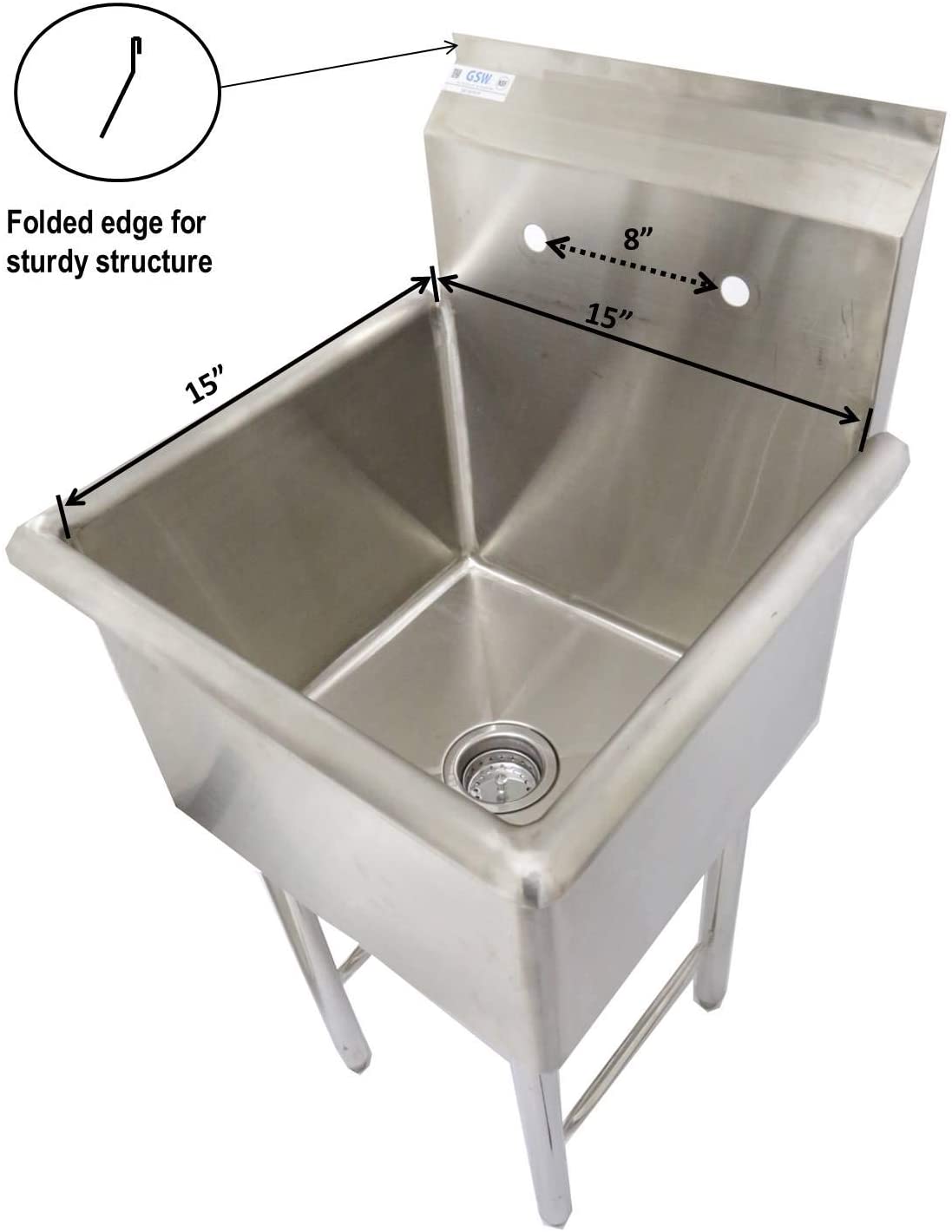 GSW SE15151P One Tub Food Prep Compartment Stainless Steel Commercial Sink - Cross-Braced Legs - 3-1/2 Inch Drain Opening - Strainer Included