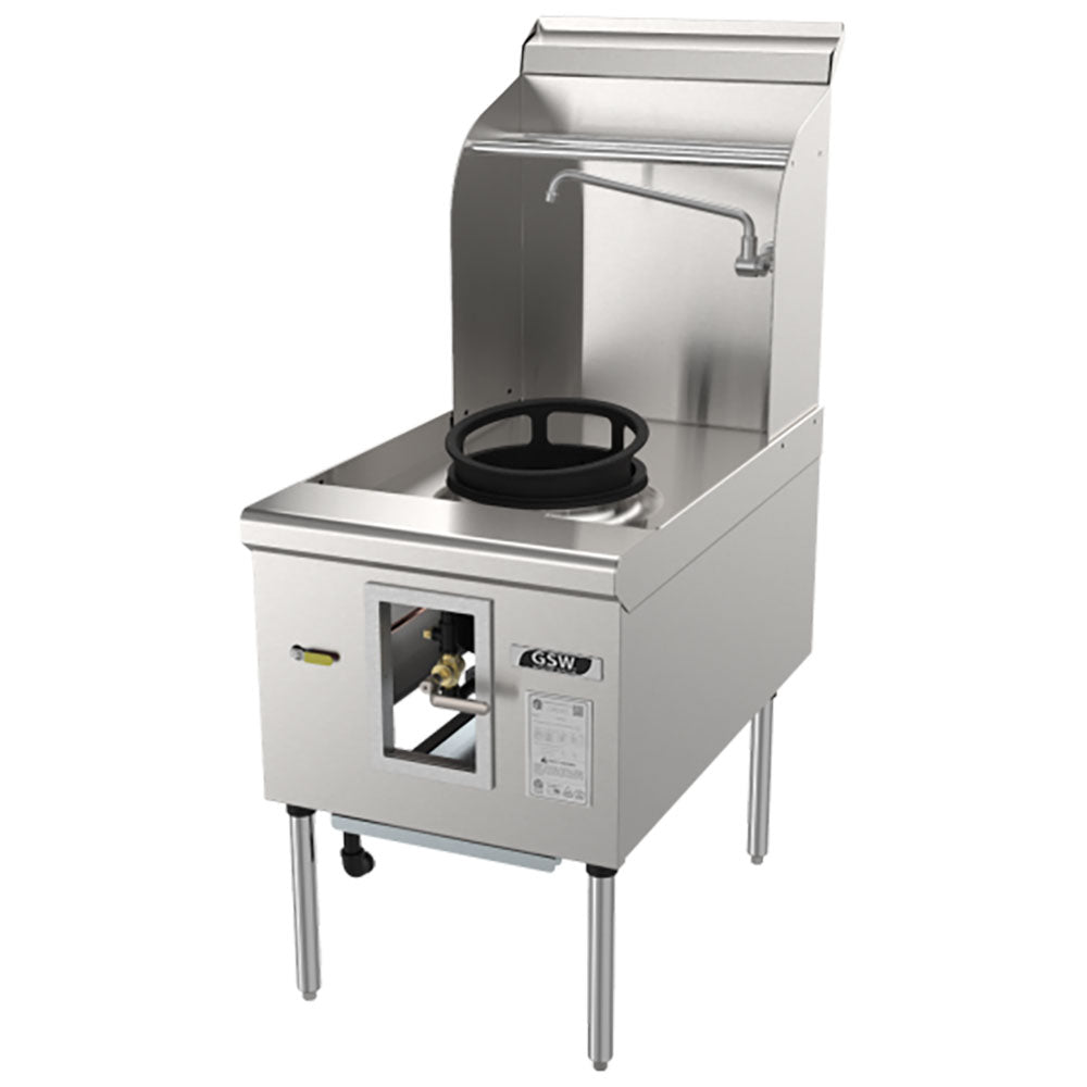GSW CWR-1-20 Single Chamber 20" Hole Commercial Chinese Wok Range with 32-Tip Jet Burner - Standard Wok Stove with Knee-Operated Gas Valve, Waterfall Backsplash, Front Drainage and Swing Faucet