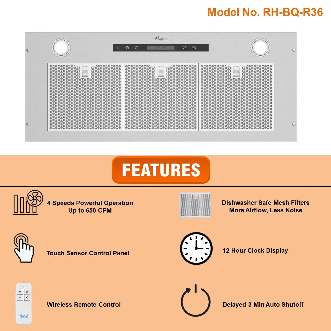 Awoco RH-BQ-R36 14-1/2”D Built-in/Insert Stainless Steel Range Hood, 4-Speed, 650 CFM, LED Lights, Baffle Filters for Wood Hood (R36")