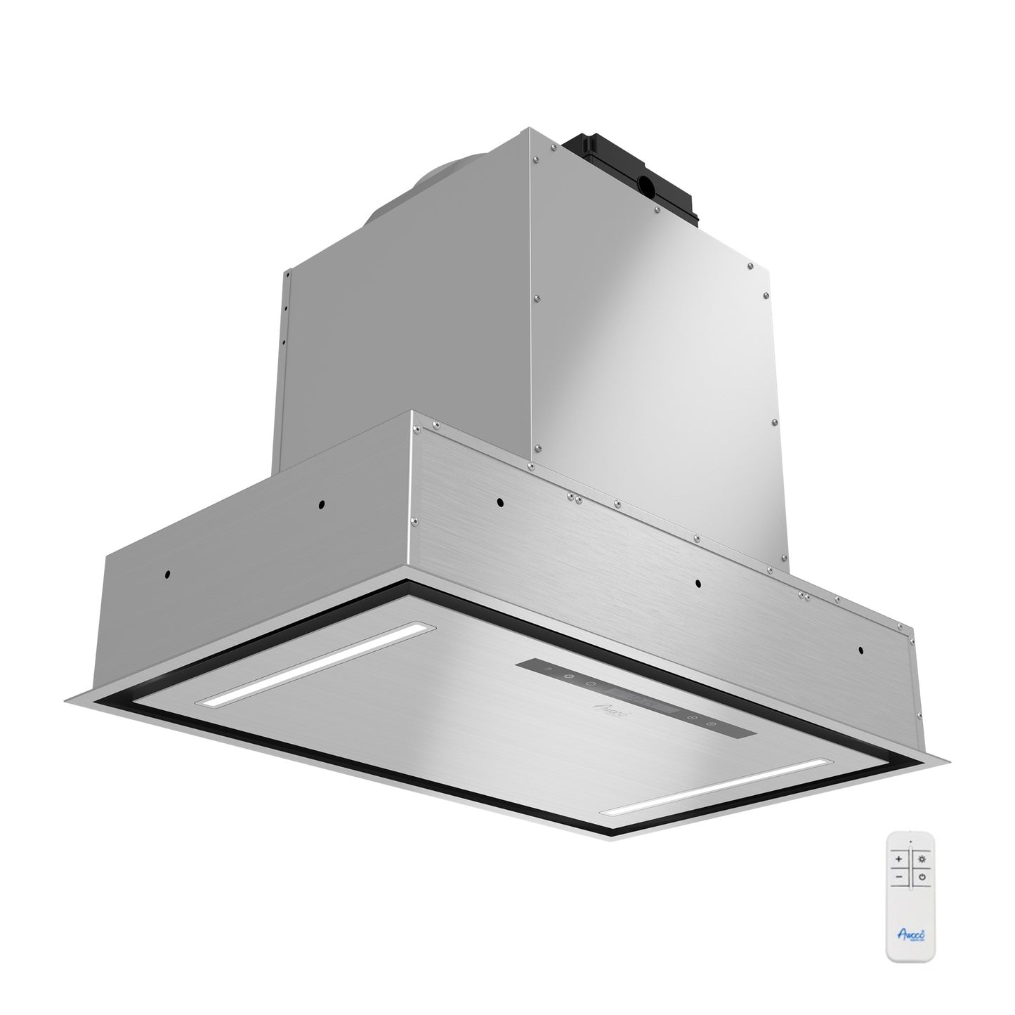 Awoco 30”W Flush Ceiling Mount Insert Island Range Hood, Stainless Steel 4 Speeds 1000 CFM, 8” Round Vent LED Lights Remote Control