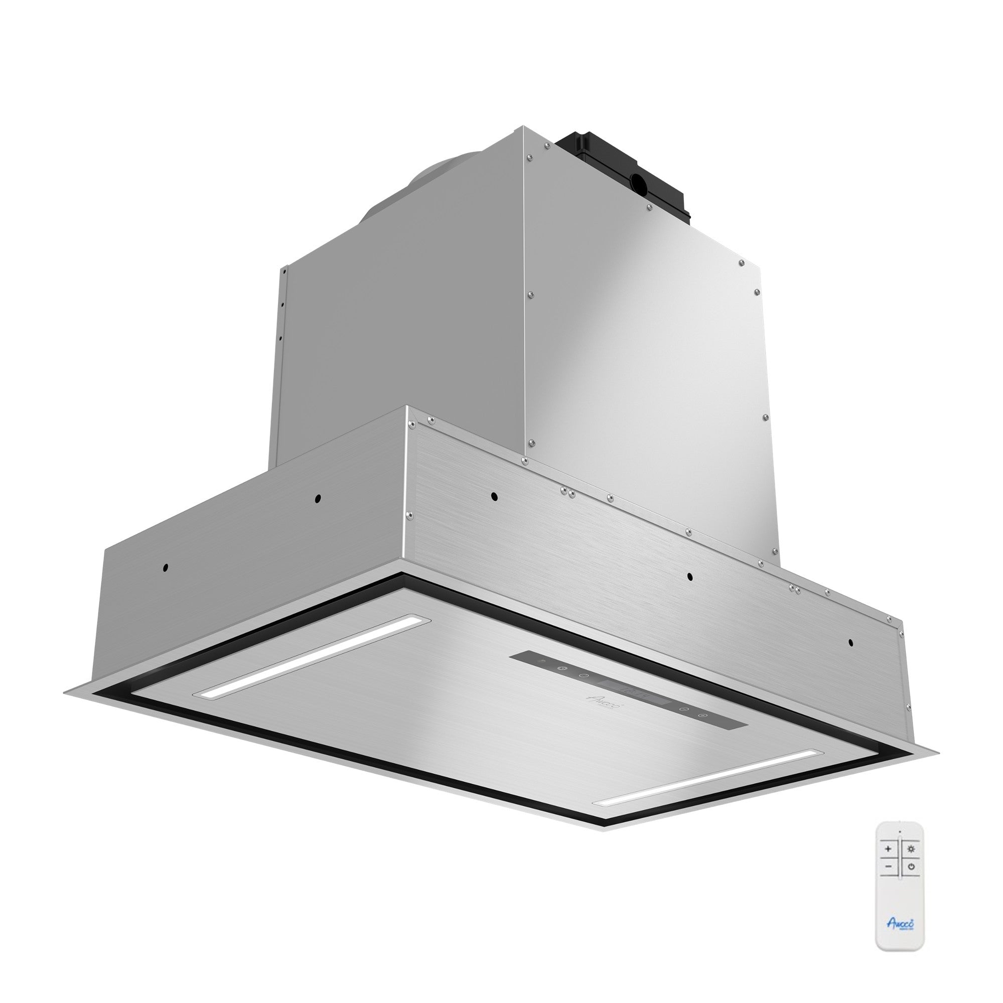 Awoco 36”W Flush Ceiling Mount Insert Island Range Hood, Stainless Steel 4 Speeds 1000 CFM, 8” Round Vent LED Lights Remote Control