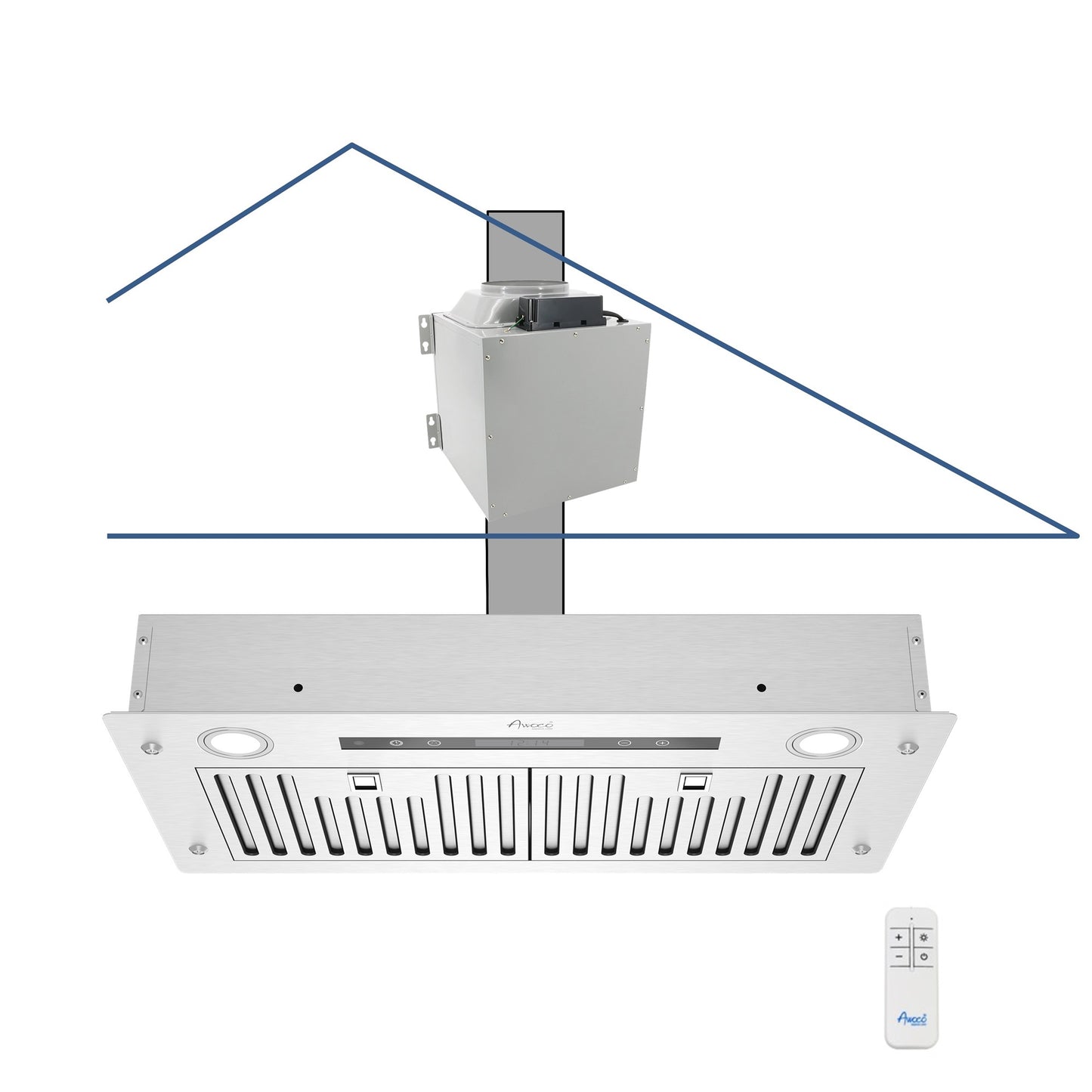 Awoco RH-IT08-R30 14-1/2”D Super Quiet Split Insert Ceiling Mount Stainless Steel Range Hood, 4-Speed, 1000 CFM, LED Lights with 8” Blower & Remote Control (30"W 8" Vent)