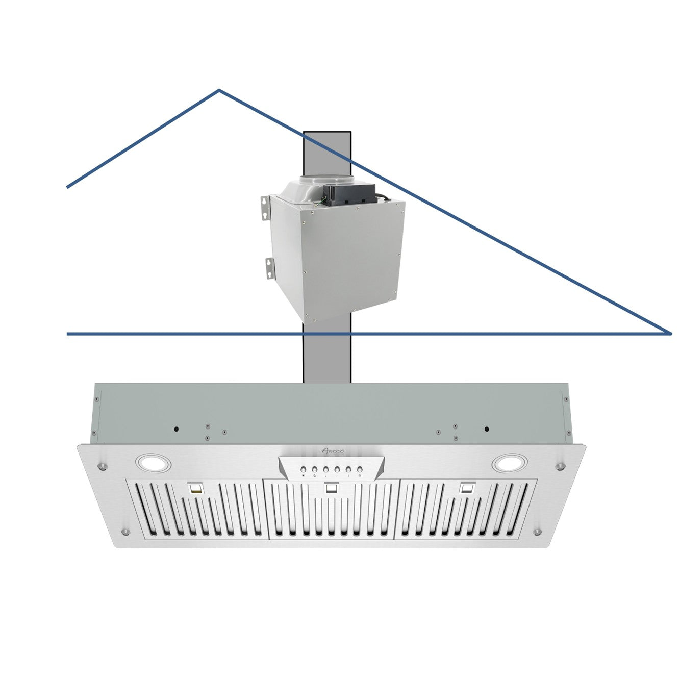 Awoco RH-IT08-M36 14-1/2"D Super Quiet Split Insert Stainless Steel Range Hood, 4-Speeds, 1000 CFM, Baffle Filters, LED Lights with 8” Blower (36"W 8" Vent)