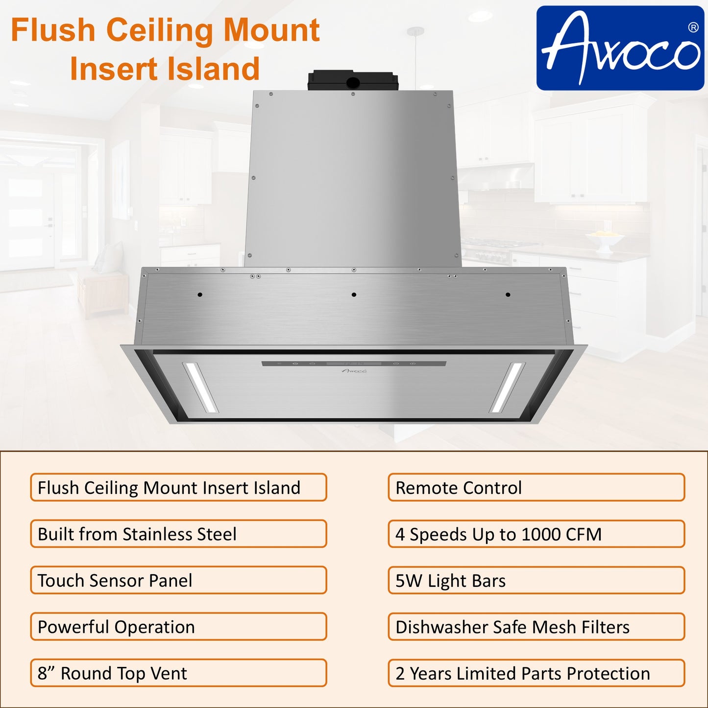 Awoco 30”W Flush Ceiling Mount Insert Island Range Hood, Stainless Steel 4 Speeds 1000 CFM, 8” Round Vent LED Lights Remote Control