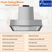 Awoco 30”W Flush Ceiling Mount Insert Island Range Hood, Stainless Steel 4 Speeds 1000 CFM, 8” Round Vent LED Lights Remote Control
