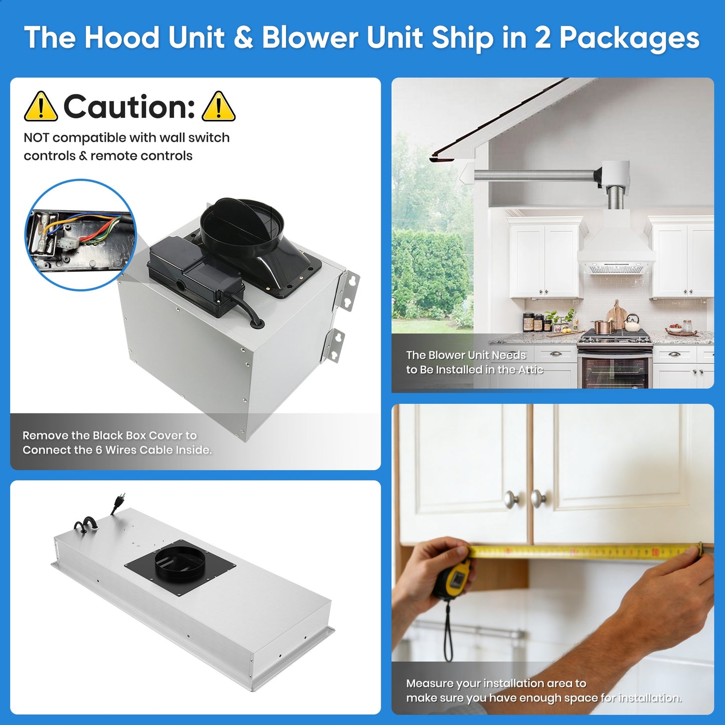 Awoco RH-IT08-R30 14-1/2”D Super Quiet Split Insert Ceiling Mount Stainless Steel Range Hood, 4-Speed, 1000 CFM, LED Lights with 8” Blower & Remote Control (30"W 8" Vent)