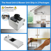 Awoco RH-IT08-R30 14-1/2”D Super Quiet Split Insert Ceiling Mount Stainless Steel Range Hood, 4-Speed, 1000 CFM, LED Lights with 8” Blower & Remote Control (30"W 8" Vent)