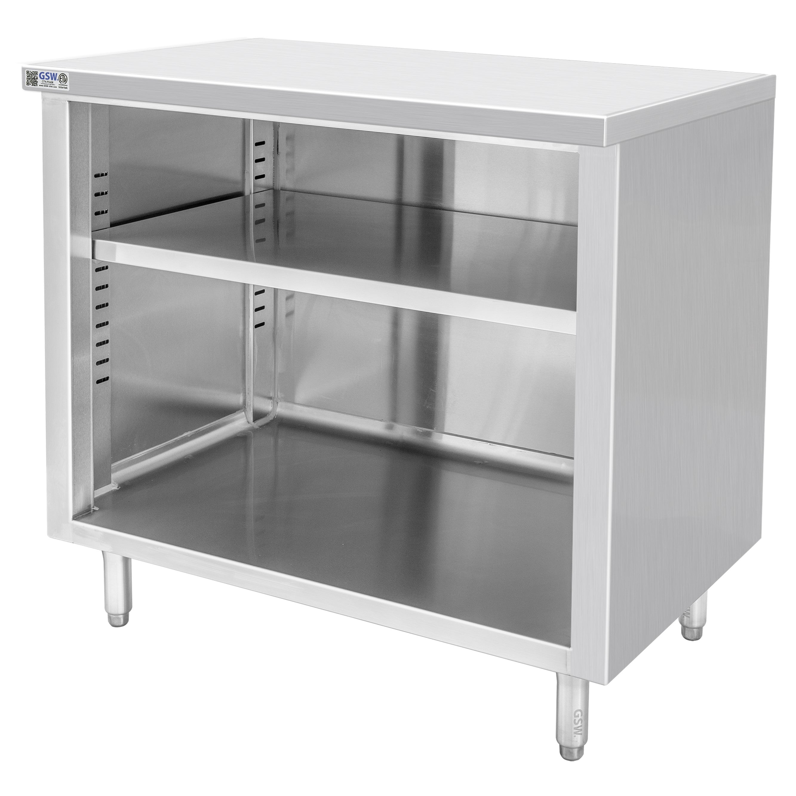 GSW 48" x 24" Flat Top All Stainless Steel Enclosed Work Table Cabinet - Open Front