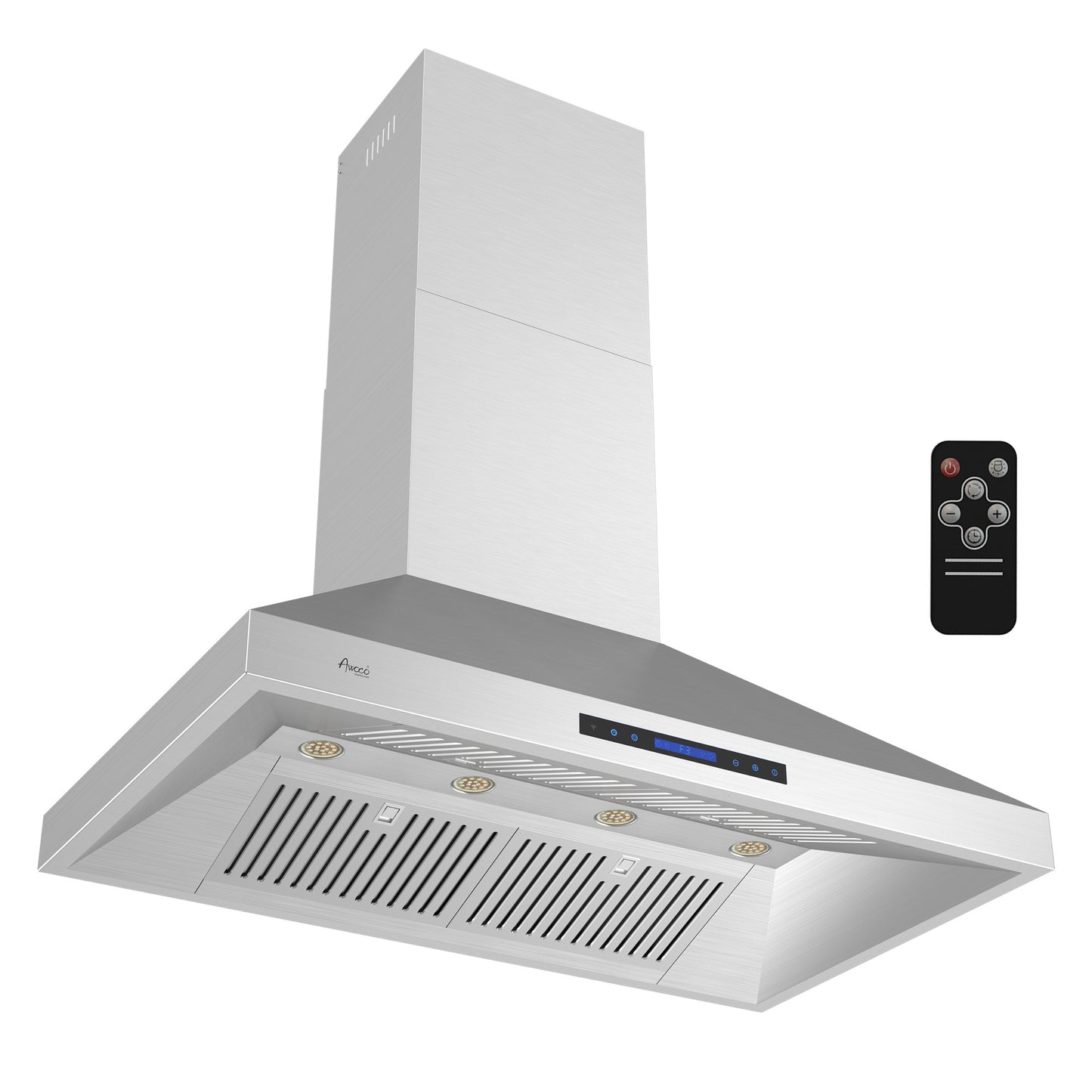 Awoco 48”W Indoor 28”D Wall Mount Range Hood with Touch & Remote Control, Stainless Steel 4 Speeds 1200 CFM Adjustable Chimneys 4 LED Lights 2 x 6” Round Top Vent