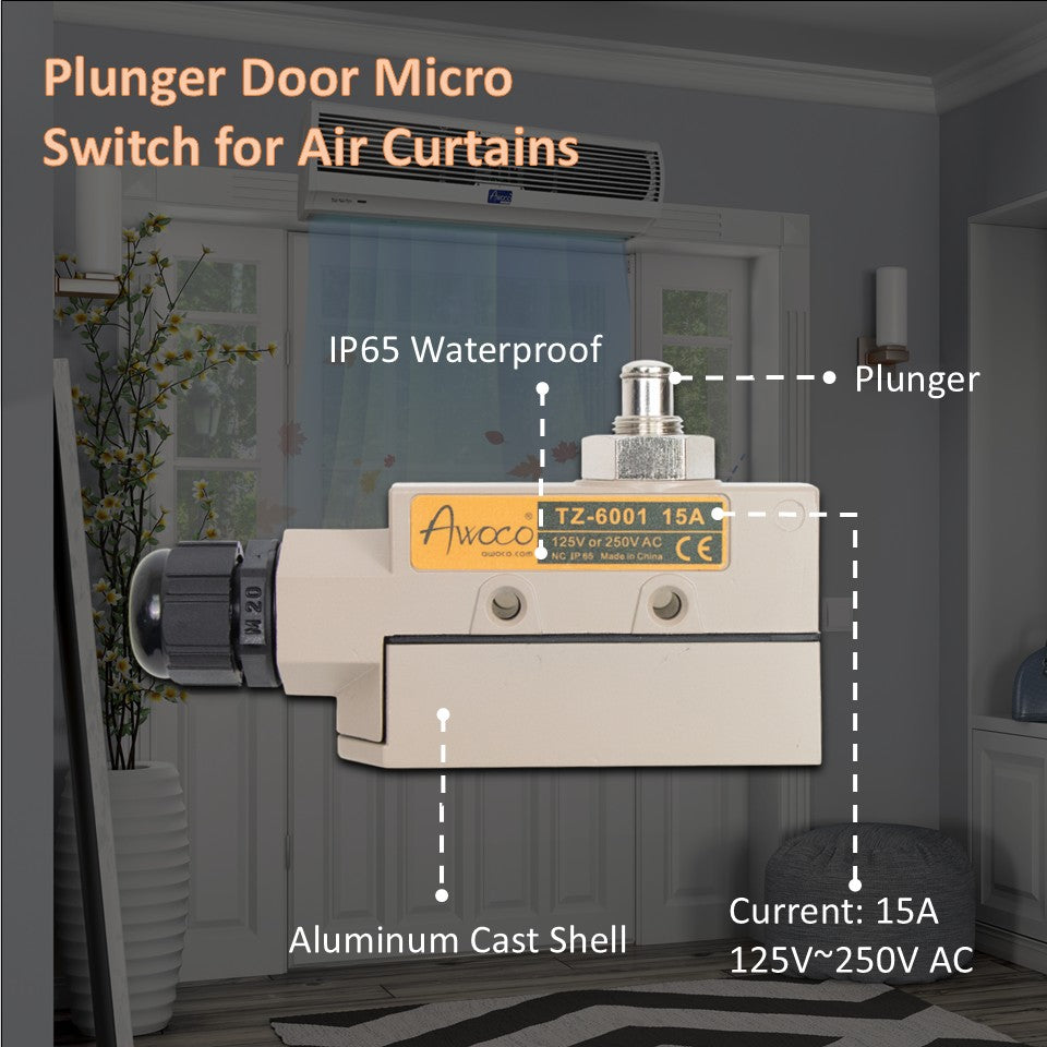 Awoco TZ-6001-15A Heavy Duty Commercial Plunger Door Micro Switch for Air Curtains, 250V 15A IP 65 Limit Switch Type NO and Type NC