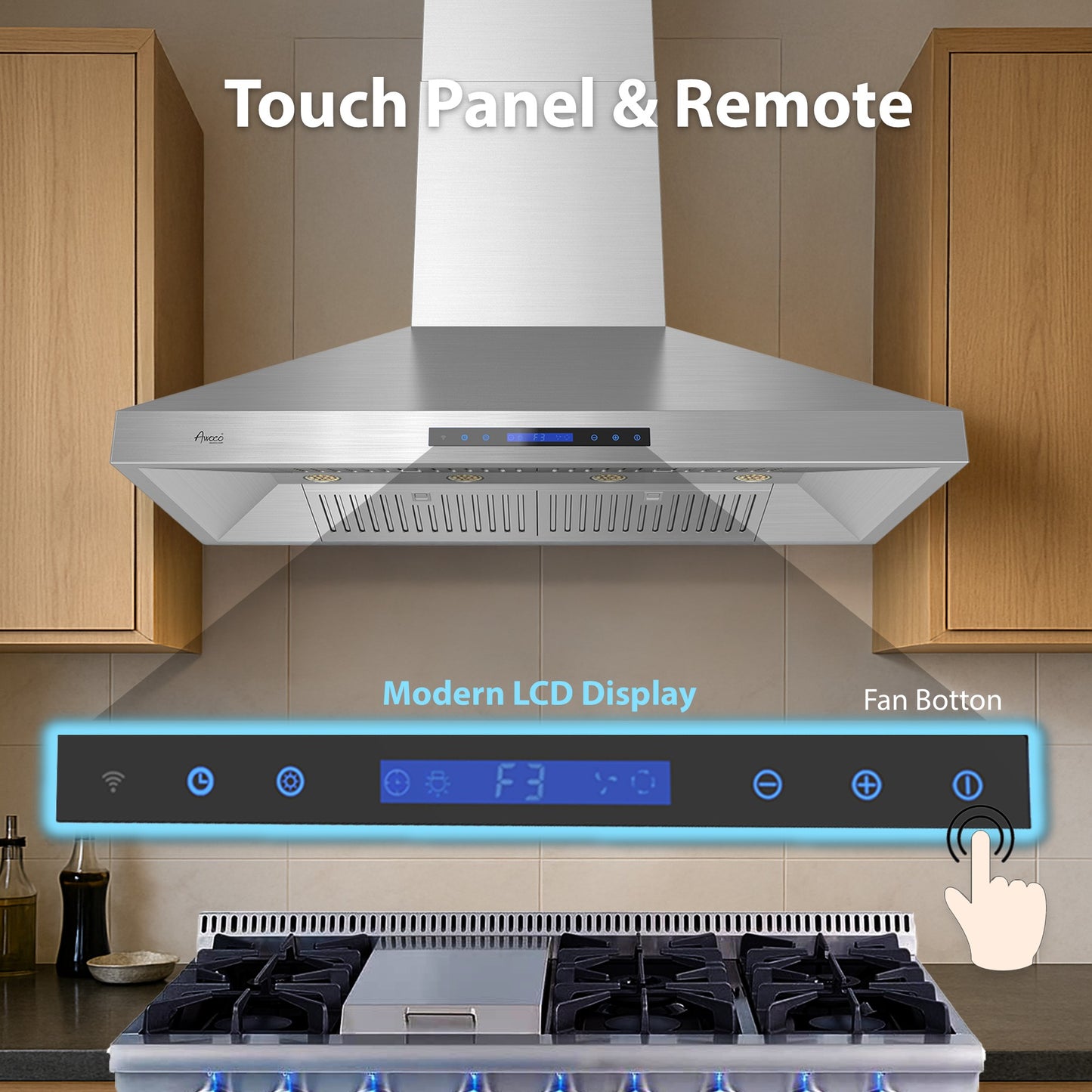 Awoco 48”W Indoor 28”D Wall Mount Range Hood with Touch & Remote Control, Stainless Steel 4 Speeds 1200 CFM Adjustable Chimneys 4 LED Lights 2 x 6” Round Top Vent