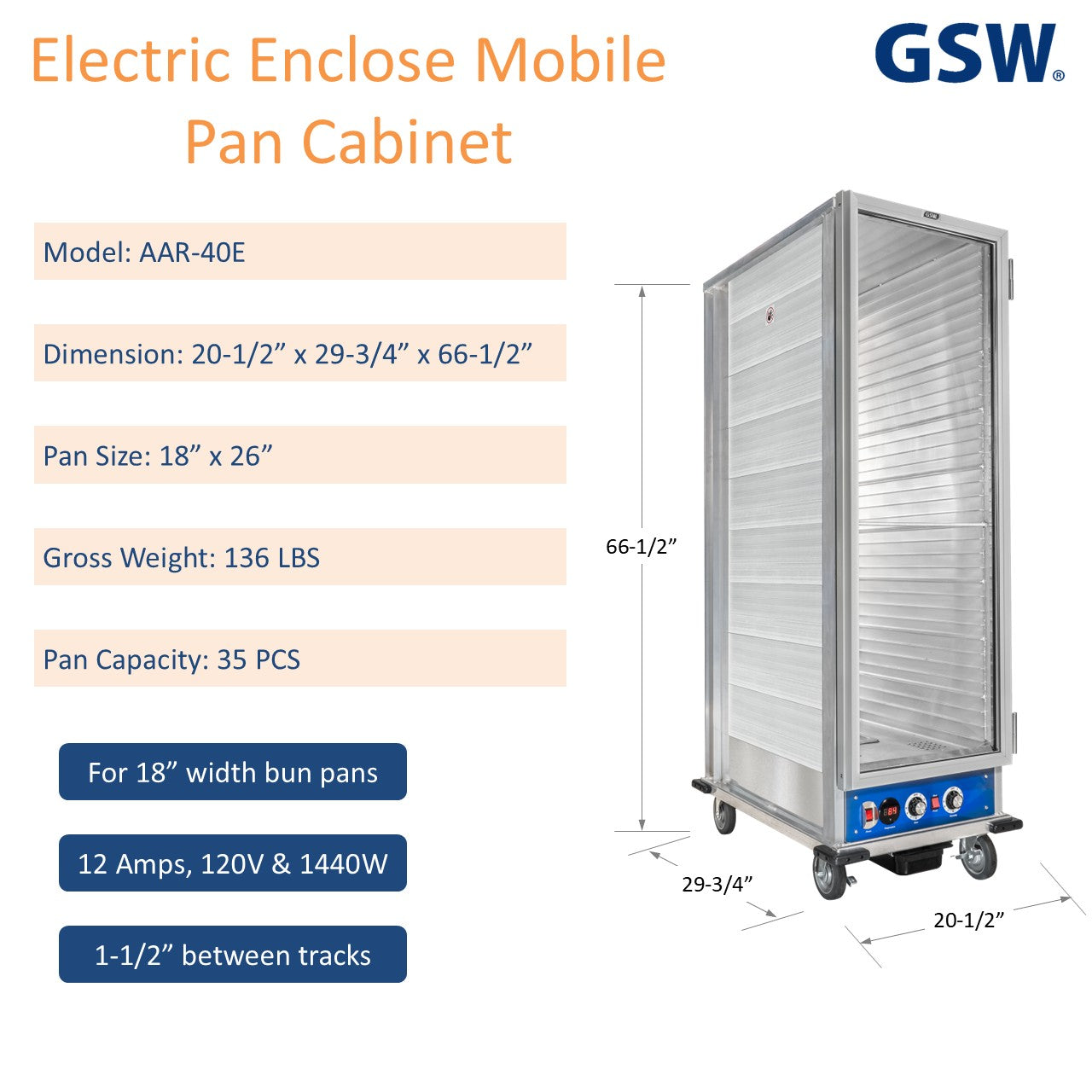 GSW AAR-40E Electric Enclosed Mobile Heated Bun/Sheet Pan Rack Cabinet holds 35 Pans for Commercial Kitchen 120V 1440W