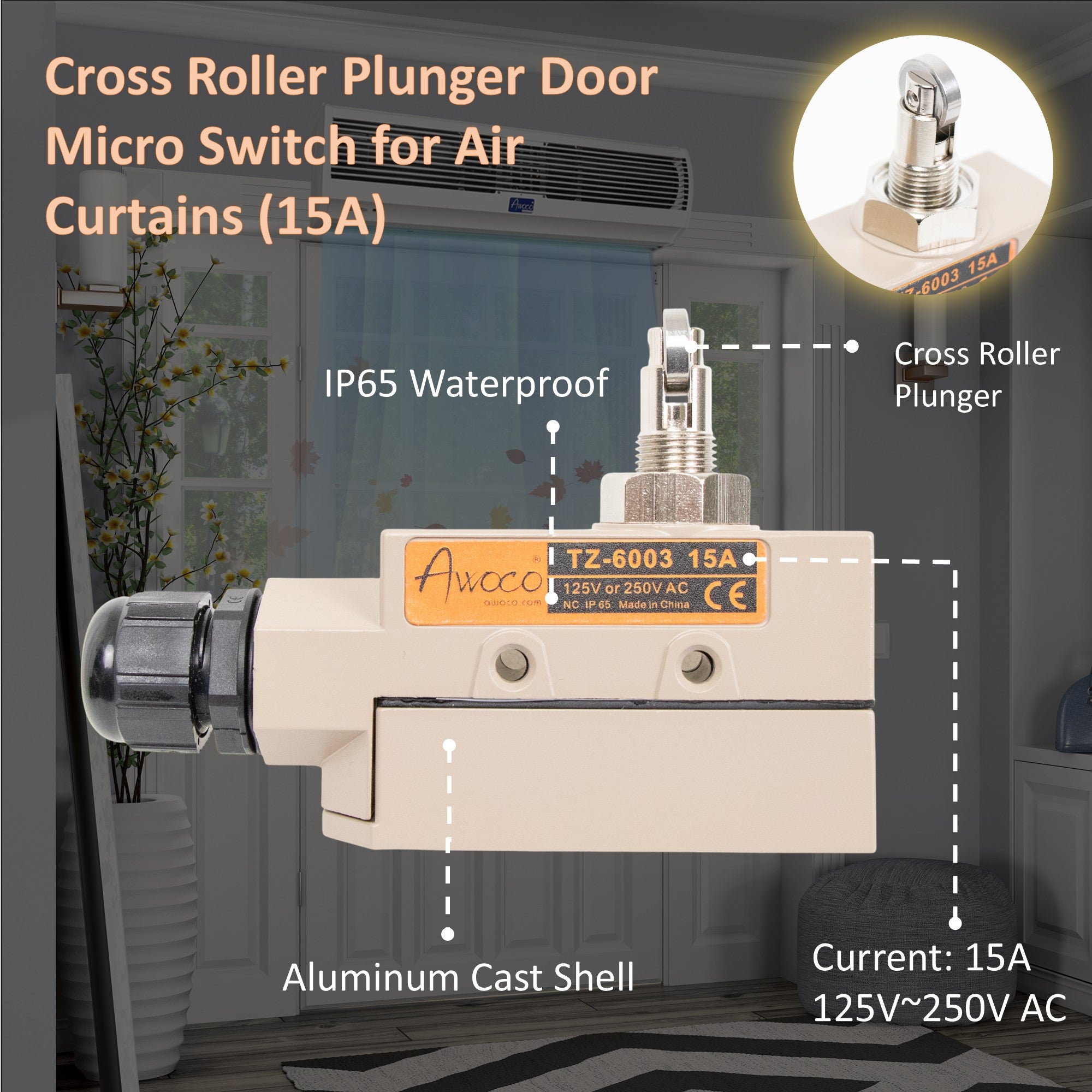 Awoco TZ-6003-15A Heavy Duty Commercial Door Micro Switch with Cross Roller Plunger for Air Curtains, 250V 15A IP 65 Limit Switch Type NO and Type NC