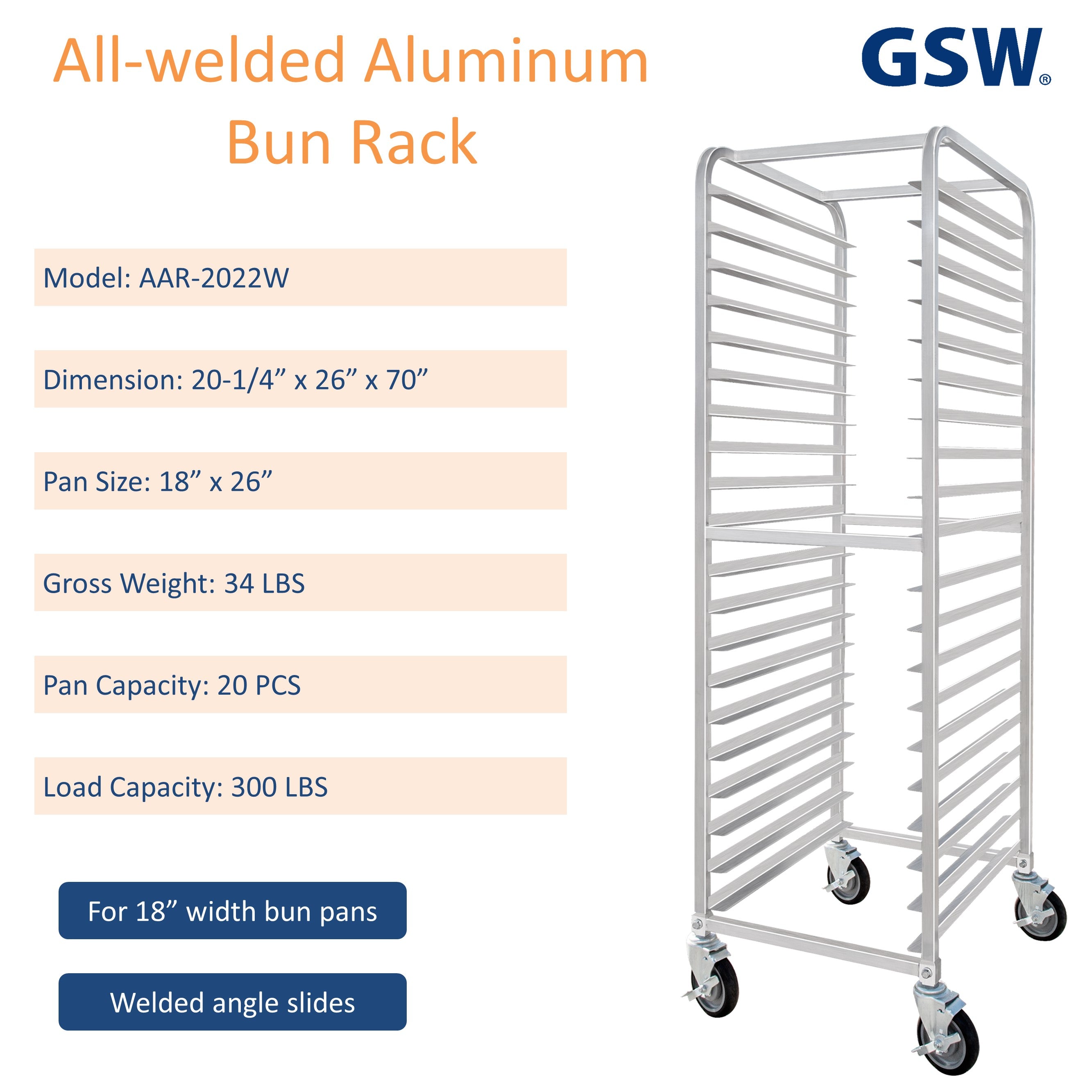 GSW AAR-2022W All-welded Aluminum Bun/Sheet Pan Rack Holds 20 Pans for Commercial Kitchen 20-1/4” x 26” x 70”