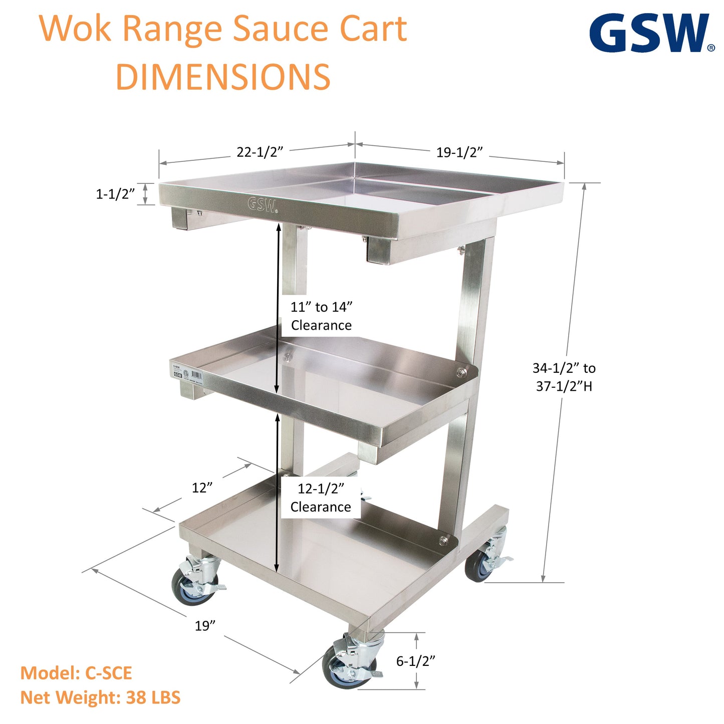 GSW C-SCE Stainless Steel Adjustable Height Sauce Utility Cart with Slidable Top Pan for Chinese Wok Range, 19-1/2” x 22-1/2” x 34-1/2”