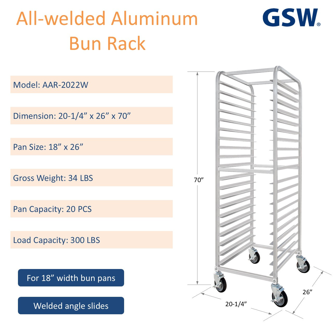 GSW AAR-2022W All-welded Aluminum Bun/Sheet Pan Rack Holds 20 Pans for Commercial Kitchen 20-1/4” x 26” x 70”