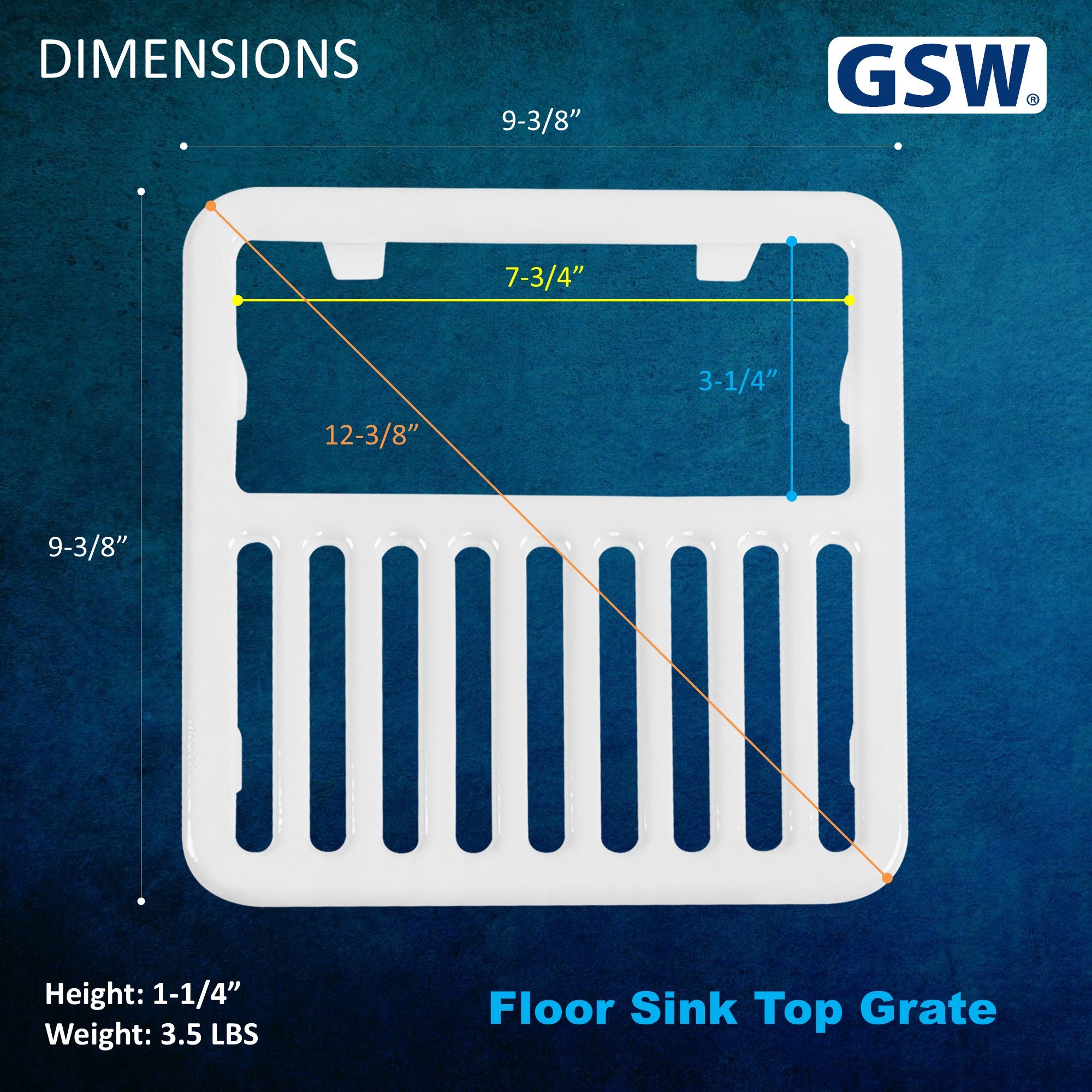 GSW FS-T1/2 Cast Iron Porcelain Floor Sink Top Grate with Ceramic Surface, 9-⅜” x 9-⅜” x 1-¼” - Perfect for Restaurant, Bar, Buffet (1/2 Size)