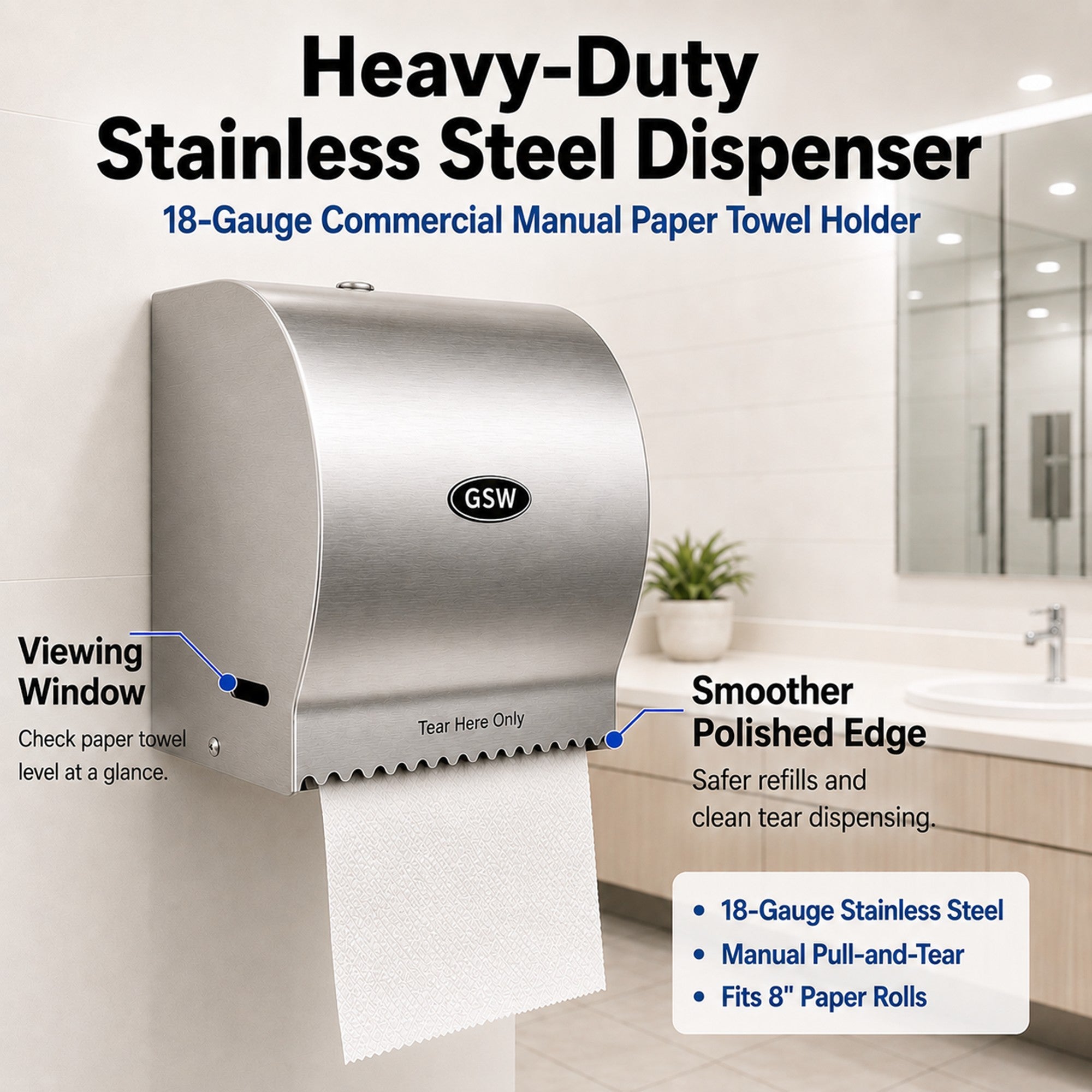 GSW BX-MR8 Wall Mount Stainless Steel Manual Roll Paper Towel Dispenser