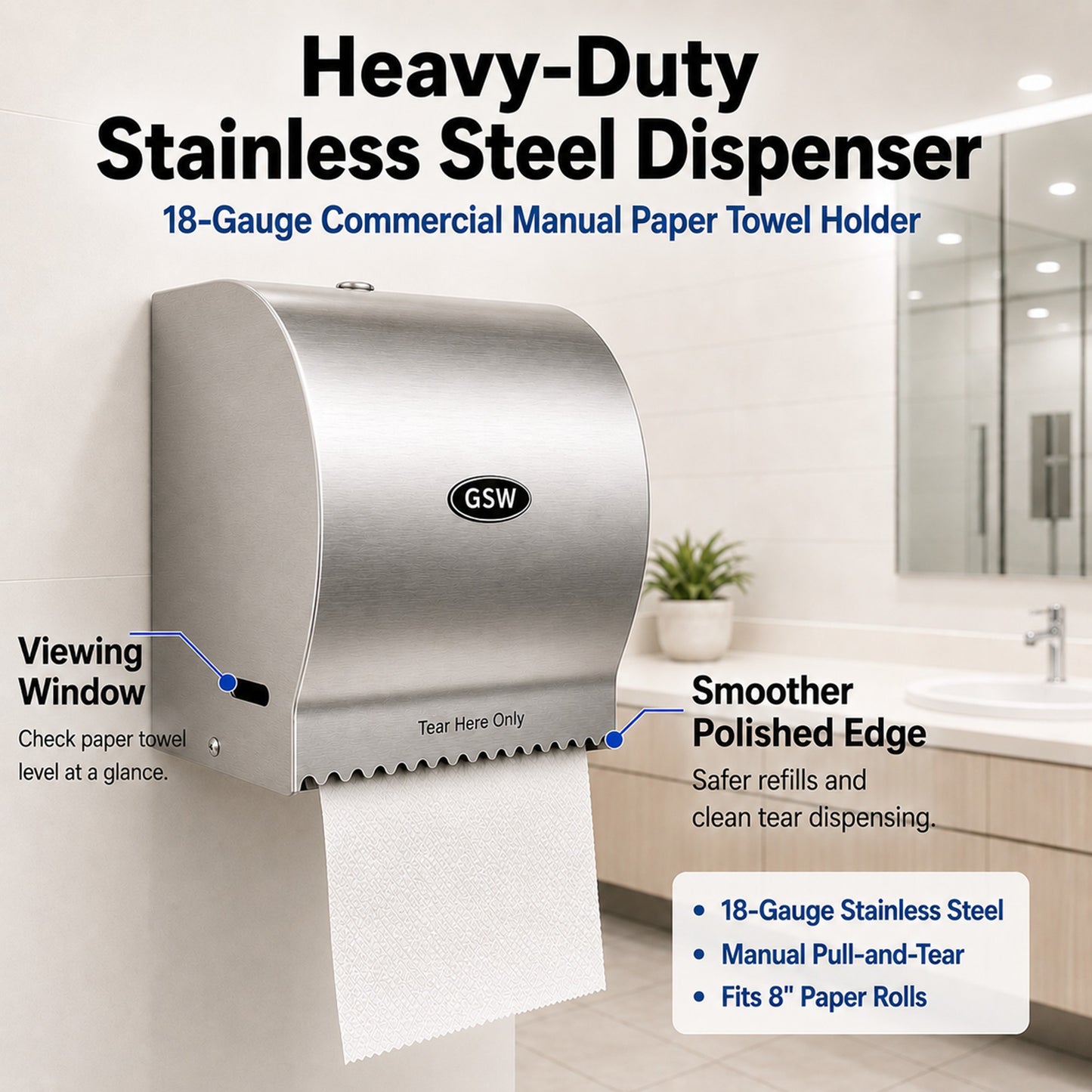 GSW BX-MR8 Wall Mount Stainless Steel Manual Roll Paper Towel Dispenser