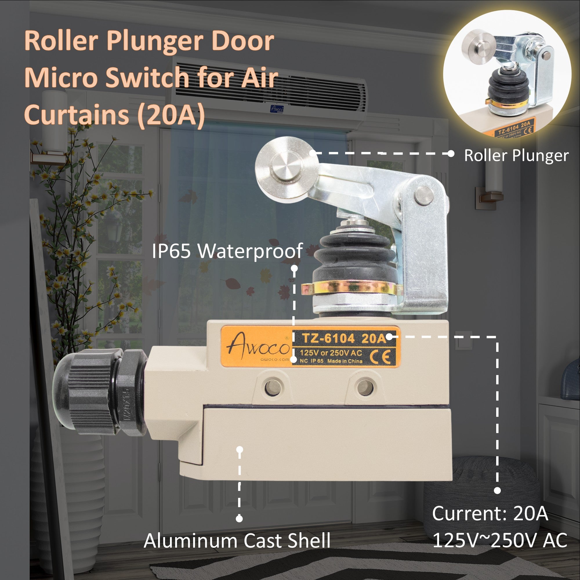 Awoco TZ-6104-20A Heavy Duty Commercial Door Micro Switch with Roller Plunger for Air Curtains, 250V 20A IP 65 Limit Switch Type NO and Type NC