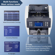 Awoco Bank Grade Mixed Denomination Bill Money Counter with Full Counterfeit Detection - 6 Currency (USD, EUR, GBP, MXN, CAD, CNY) with External Display