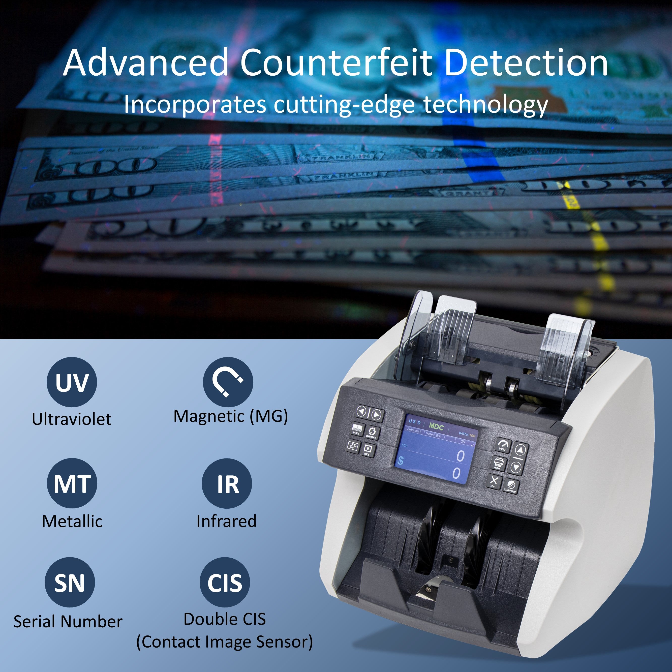 Awoco Bank Grade Mixed Denomination Bill Money Counter with Full Counterfeit Detection - 6 Currency (USD, EUR, GBP, MXN, CAD, CNY) with External Display