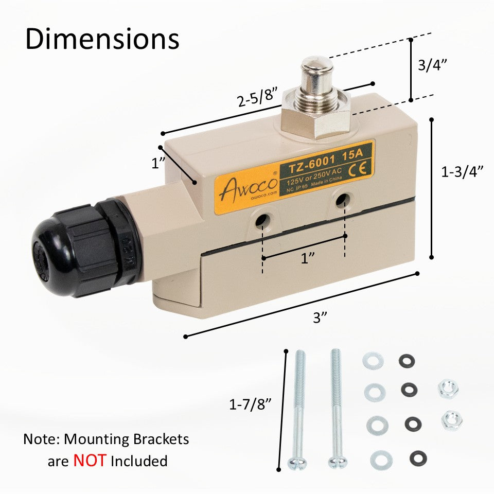 Awoco TZ-6001-15A Heavy Duty Commercial Plunger Door Micro Switch for Air Curtains, 250V 15A IP 65 Limit Switch Type NO and Type NC