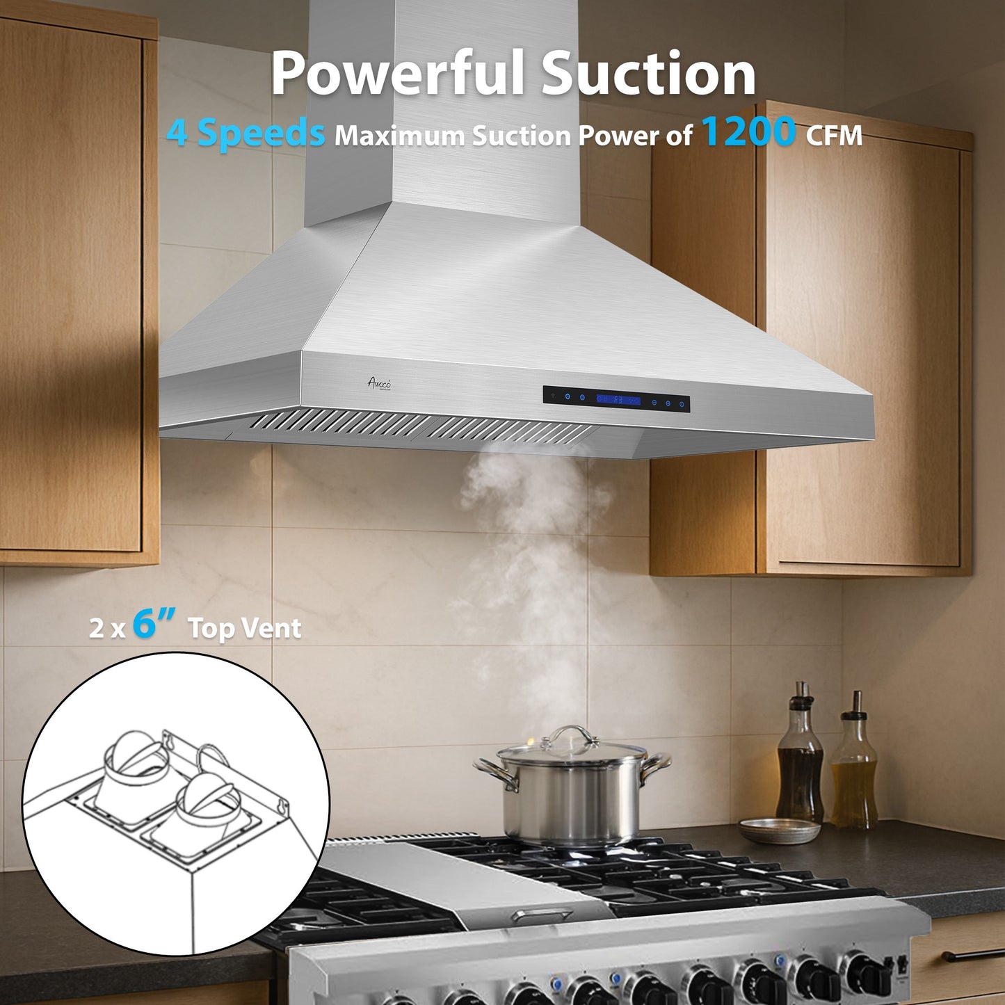Awoco 48”W Indoor 28”D Wall Mount Range Hood with Touch & Remote Control, Stainless Steel 4 Speeds 1200 CFM Adjustable Chimneys 4 LED Lights 2 x 6” Round Top Vent