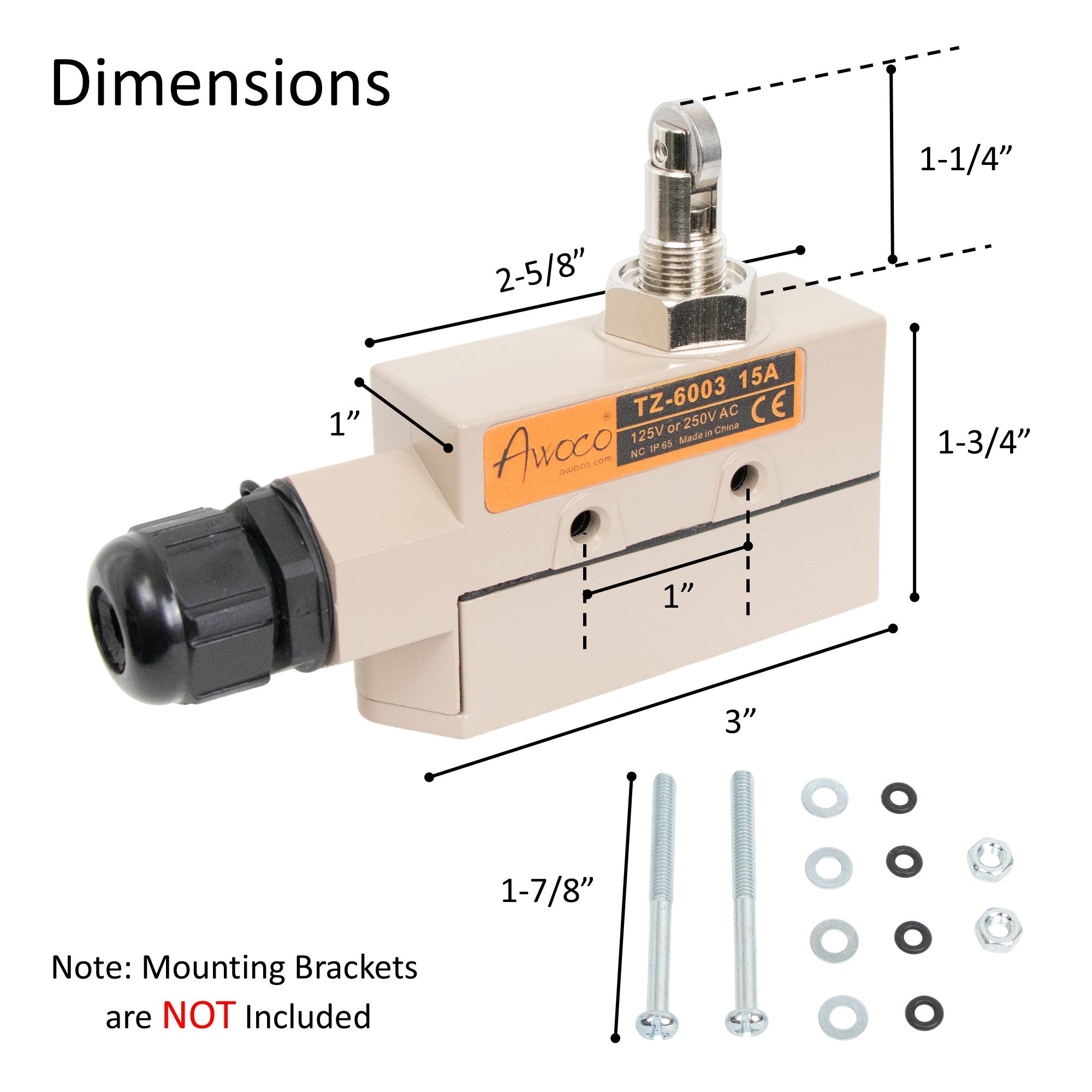 Awoco TZ-6003-15A Heavy Duty Commercial Door Micro Switch with Cross Roller Plunger for Air Curtains, 250V 15A IP 65 Limit Switch Type NO and Type NC