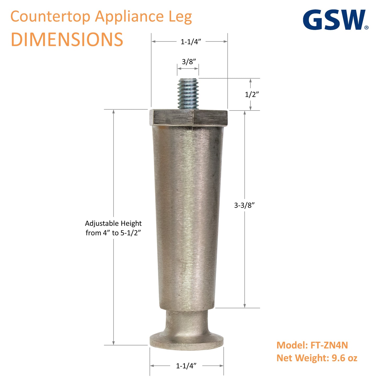 GSW FT-ZN4N 4 Pcs Adjustable Nickel Plated Appliance Leg 4" High Flanged Foot for Restaurant Equipment, Countertop Beverage Appliance