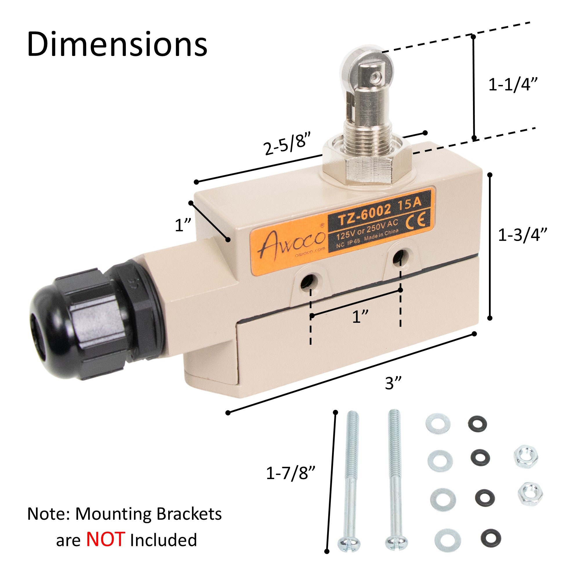 Awoco TZ-6002-15A Heavy Duty Commercial Door Micro Switch with Parallel Roller Plunger for Sliding Doors/Windows for Air Curtains, 250V 15A IP 65 Limit Switch Type NO and Type NC