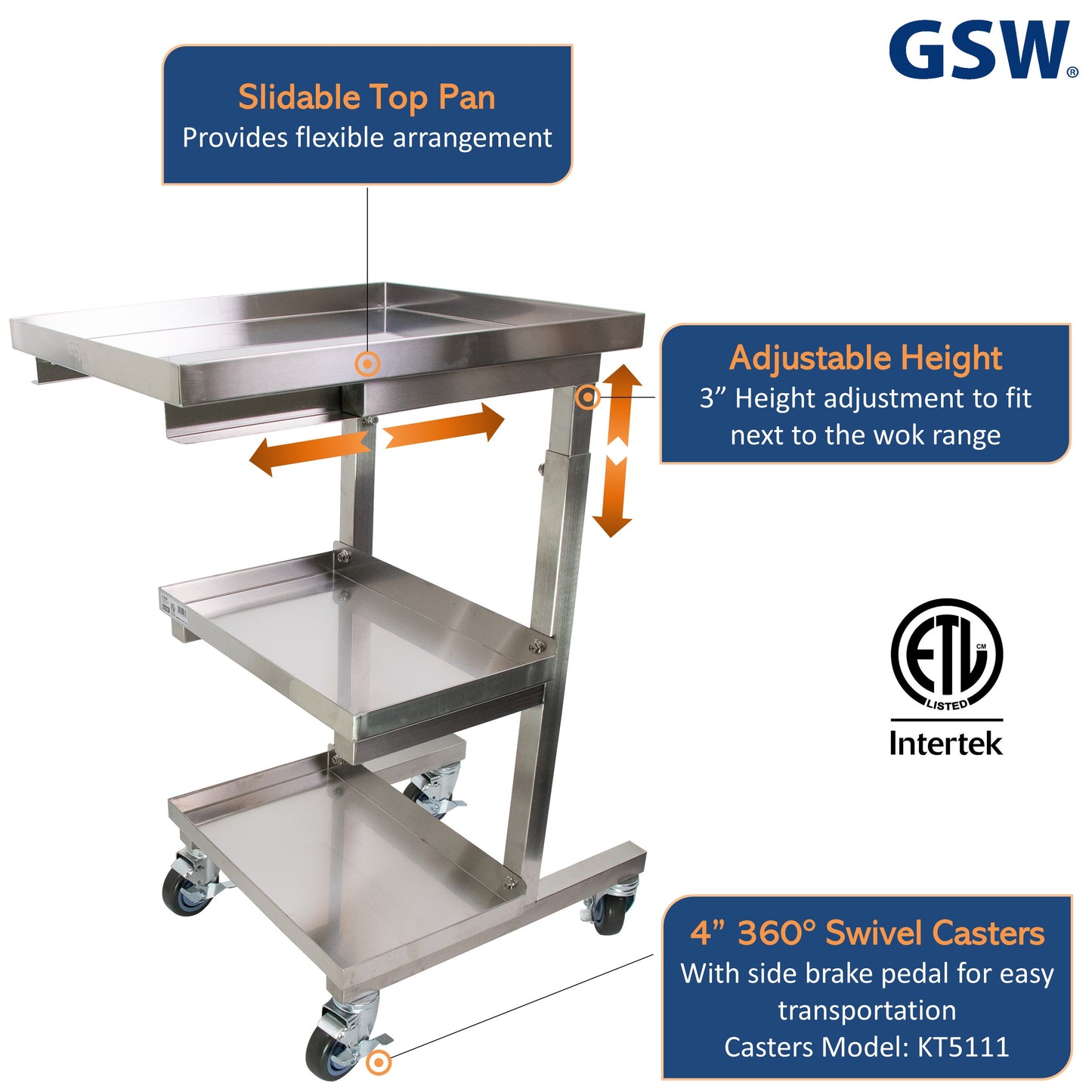 GSW C-SCE Stainless Steel Adjustable Height Sauce Utility Cart with Slidable Top Pan for Chinese Wok Range, 19-1/2” x 22-1/2” x 34-1/2”