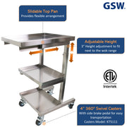 GSW C-SCE Stainless Steel Adjustable Height Sauce Utility Cart with Slidable Top Pan for Chinese Wok Range, 19-1/2” x 22-1/2” x 34-1/2”