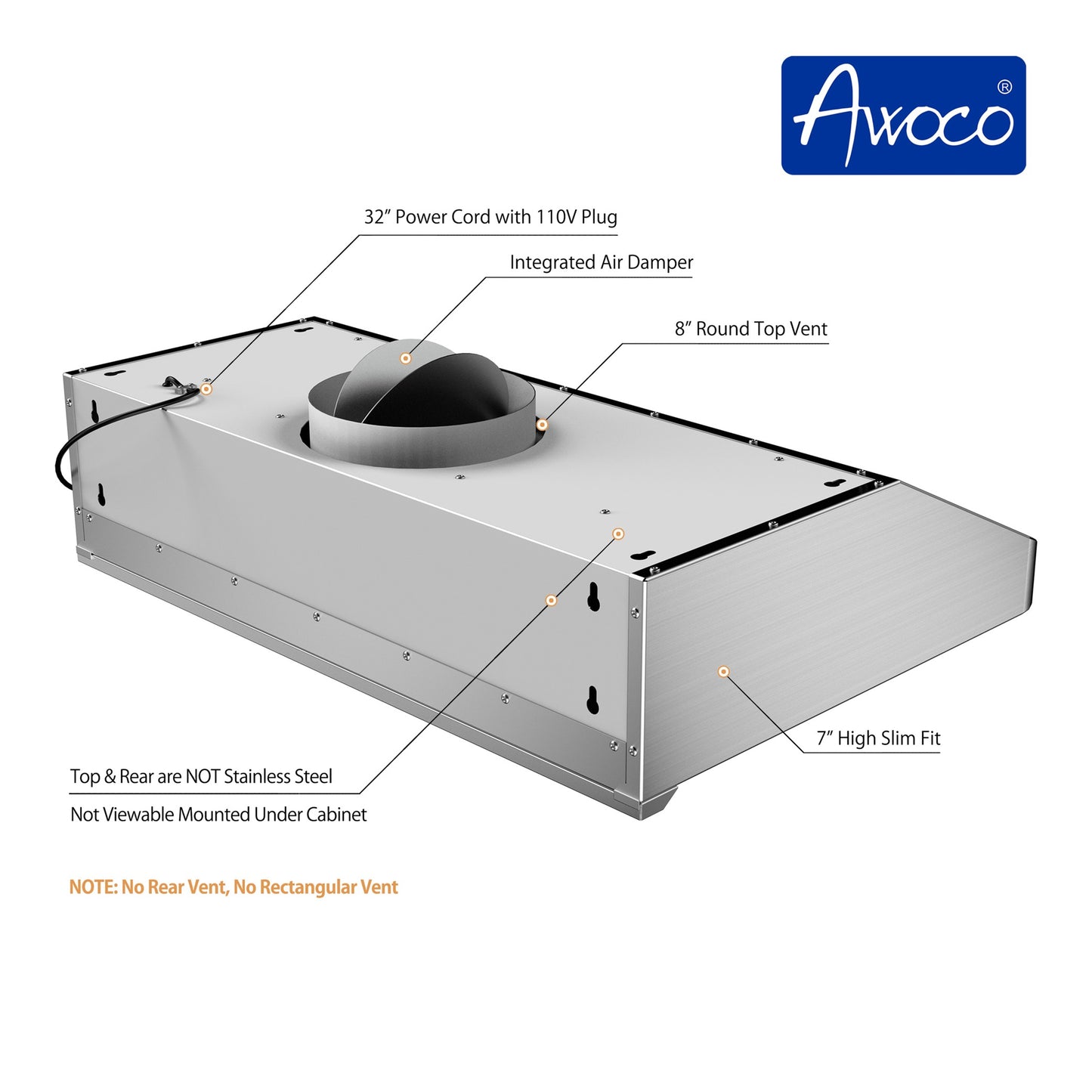 Awoco RH-S10-30S Under Cabinet Supreme 7” High Stainless Steel Range Hood, 6 Speeds, 8” Round Top Vent, 1000CFM, with Remote Control