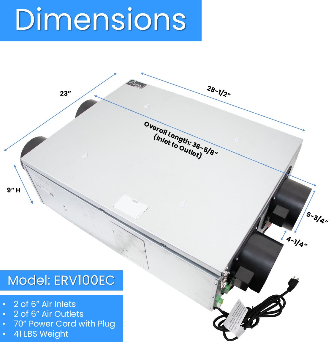Awoco 6” Vent Energy Recovery Ventilator (ERV) System Various Speeds 100 CFM with Filter & Control Panel, Energy Saving HVI Certified