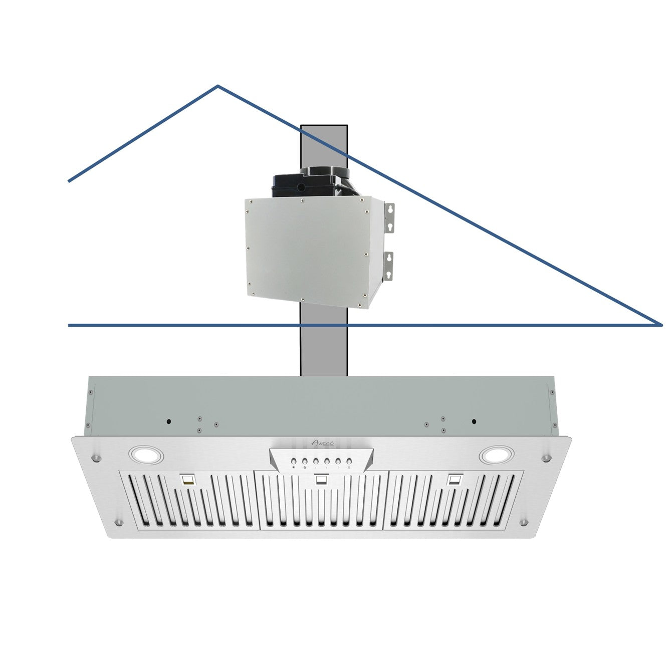 Awoco RH-IT06-M36 14-1/2"D Super Quiet Split Insert Stainless Steel Range Hood, 4-Speeds, 800 CFM, LED Lights with 6” Blower (36"W 6" Vent)