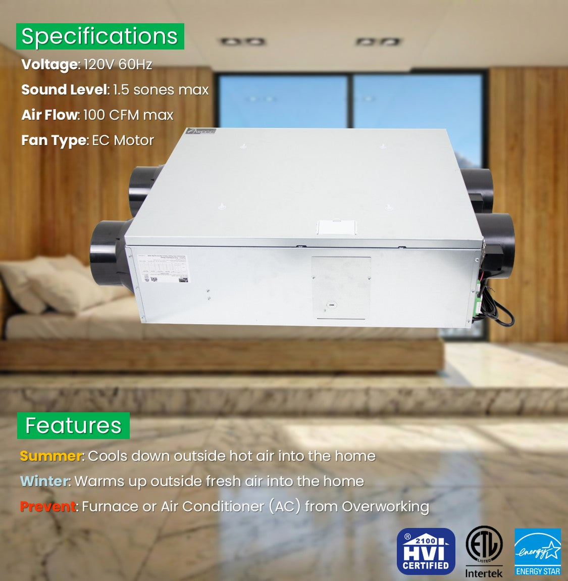 Awoco 6” Vent Energy Recovery Ventilator (ERV) System Various Speeds 100 CFM with Filter & Control Panel, Energy Saving HVI Certified