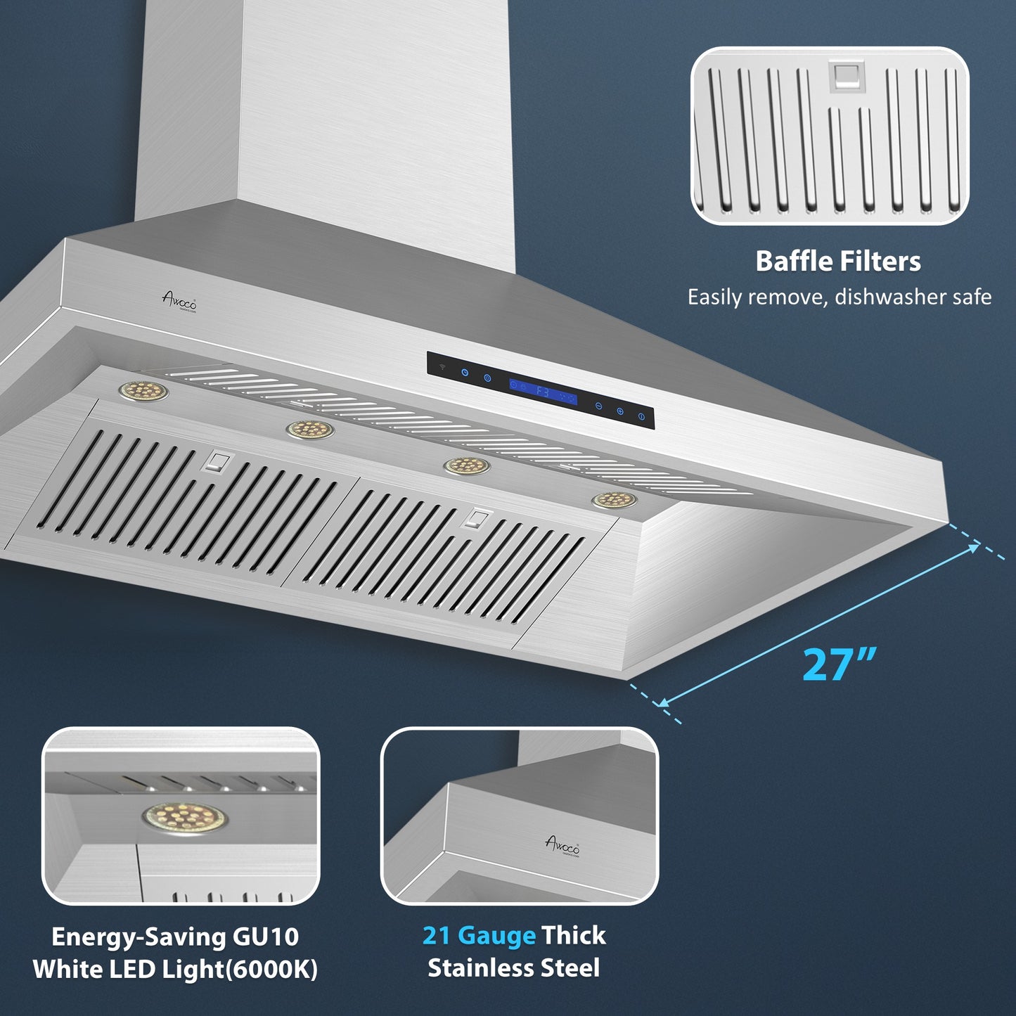 Awoco 48”W Indoor 28”D Wall Mount Range Hood with Touch & Remote Control, Stainless Steel 4 Speeds 1200 CFM Adjustable Chimneys 4 LED Lights 2 x 6” Round Top Vent