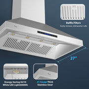 Awoco 48”W Indoor 28”D Wall Mount Range Hood with Touch & Remote Control, Stainless Steel 4 Speeds 1200 CFM Adjustable Chimneys 4 LED Lights 2 x 6” Round Top Vent