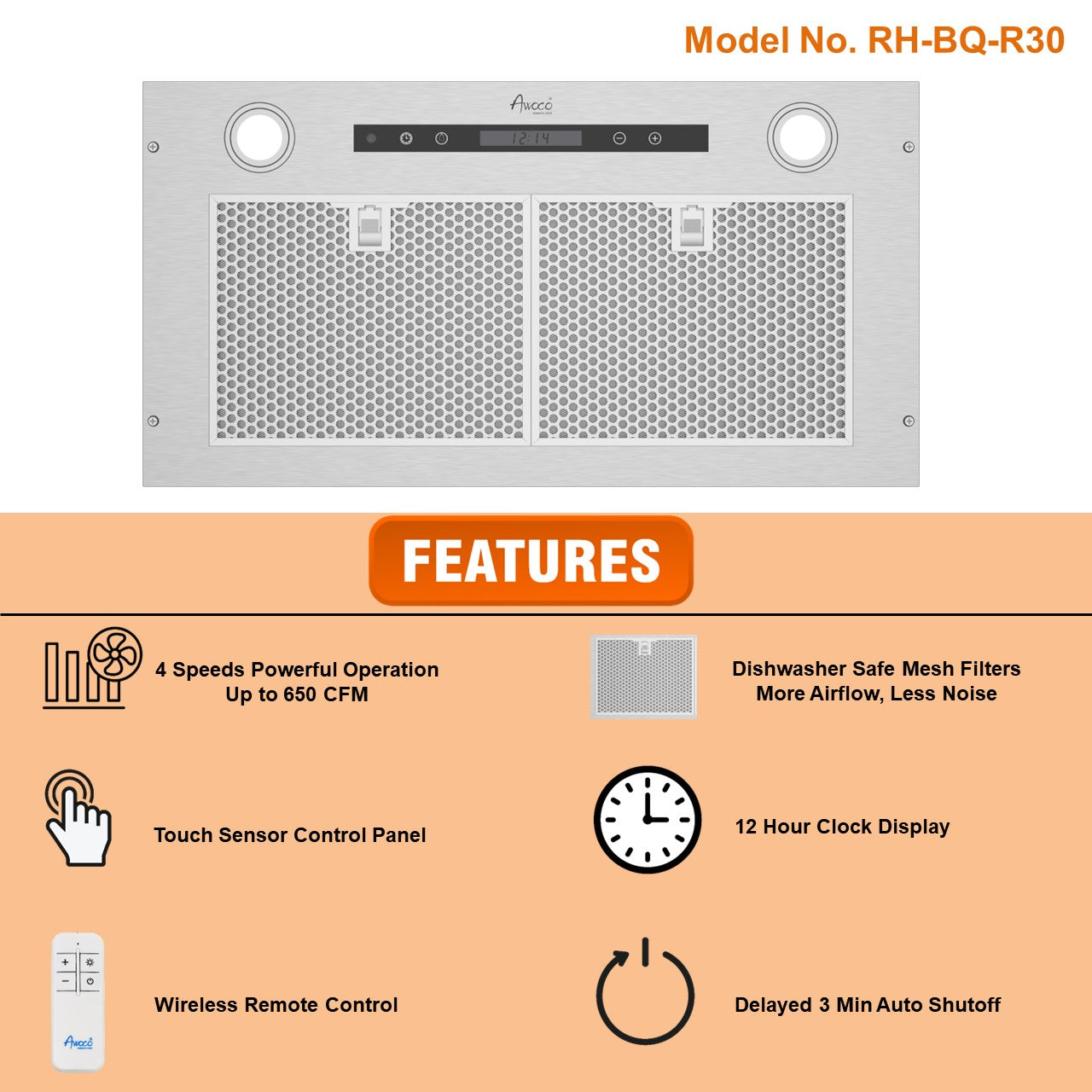 Awoco RH-BQ-R30 14-1/2”D Built-in/Insert Stainless Steel Range Hood, 4-Speed, 650 CFM, LED Lights, Baffle Filters for Wood Hood (R30")