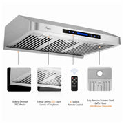 Awoco RH-S10-30S Under Cabinet Supreme 7” High Stainless Steel Range Hood, 6 Speeds, 8” Round Top Vent, 1000CFM, with Remote Control