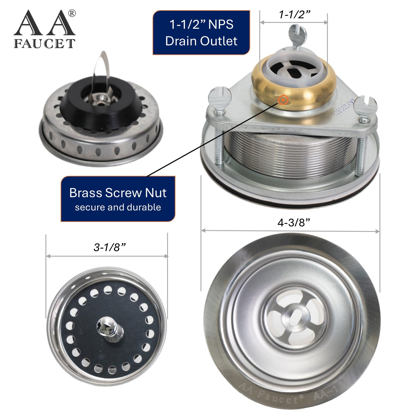 GSW Stainless Steel Duo Baskets Strainer w/Brass Screw Nut, 3-1/2" Dia.