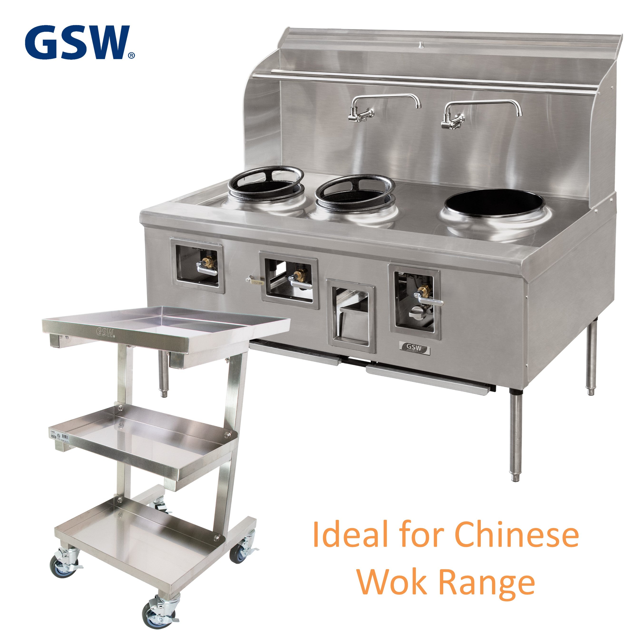 GSW C-SCE Stainless Steel Adjustable Height Sauce Utility Cart with Slidable Top Pan for Chinese Wok Range, 19-1/2” x 22-1/2” x 34-1/2”