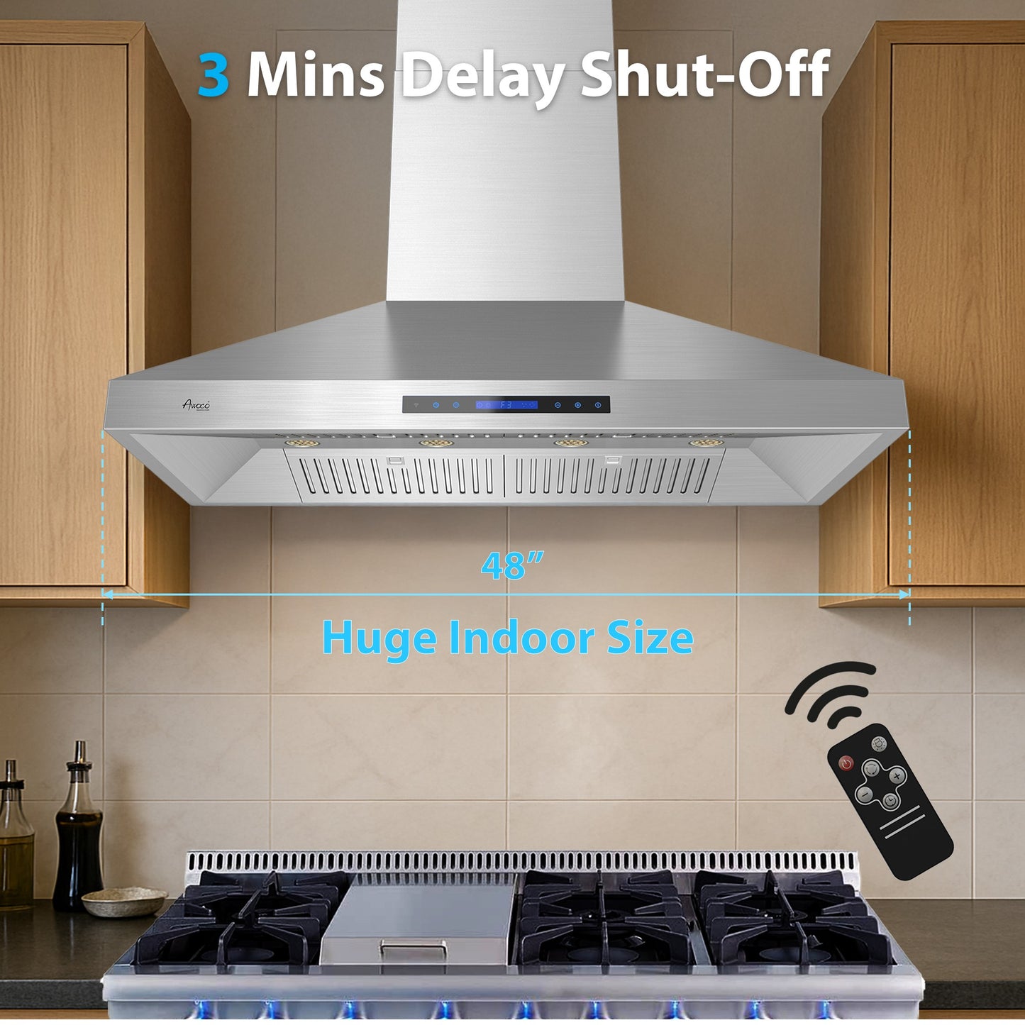 Awoco 48”W Indoor 28”D Wall Mount Range Hood with Touch & Remote Control, Stainless Steel 4 Speeds 1200 CFM Adjustable Chimneys 4 LED Lights 2 x 6” Round Top Vent