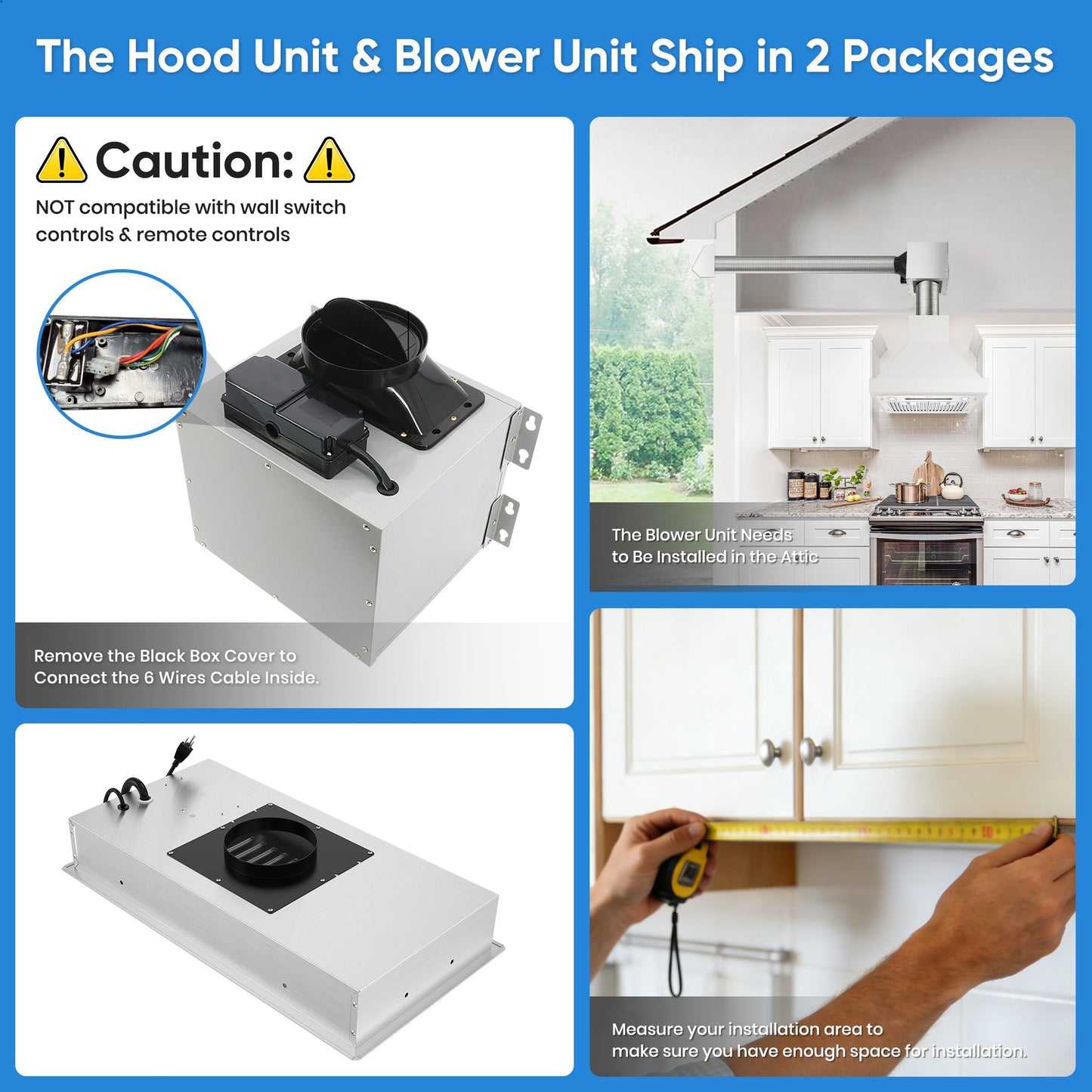 Awoco RH-IT06-R30 14-1/2”D Super Quiet Split Insert Ceiling Mount Stainless Steel Range Hood, 4-Speed, 800 CFM, LED Lights with 6” Blower & Remote Control (30"W 6" Vent)