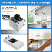 Awoco RH-IT06-R30 14-1/2”D Super Quiet Split Insert Ceiling Mount Stainless Steel Range Hood, 4-Speed, 800 CFM, LED Lights with 6” Blower & Remote Control (30"W 6" Vent)