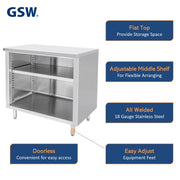 GSW 72" x 24" Flat Top All Stainless Steel Enclosed Work Table Cabinet - Open Front