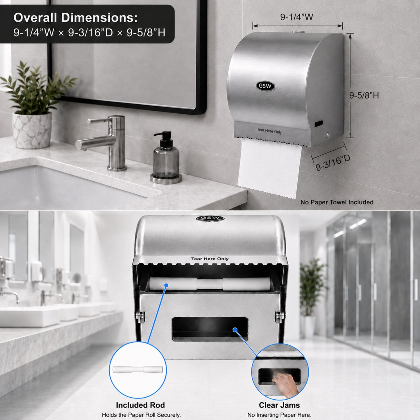 GSW BX-MR8 Wall Mount Stainless Steel Manual Roll Paper Towel Dispenser